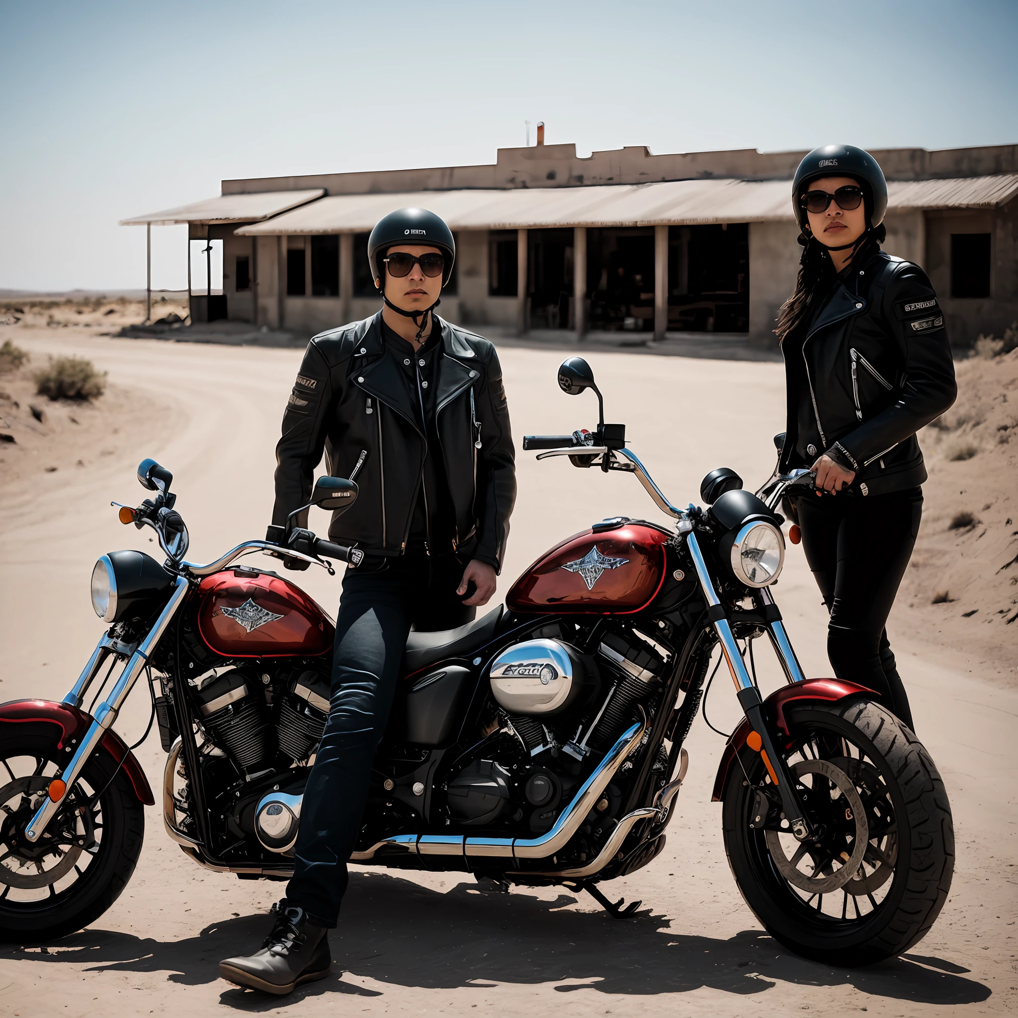 RAW photo, a portrait photo of pair of male and female biker gangs on motorcycles, biker clothes, badass pose, old restaurant building in background, barren land setting, natural skin, 8k uhd, high quality, film grain, Fujifilm XT3