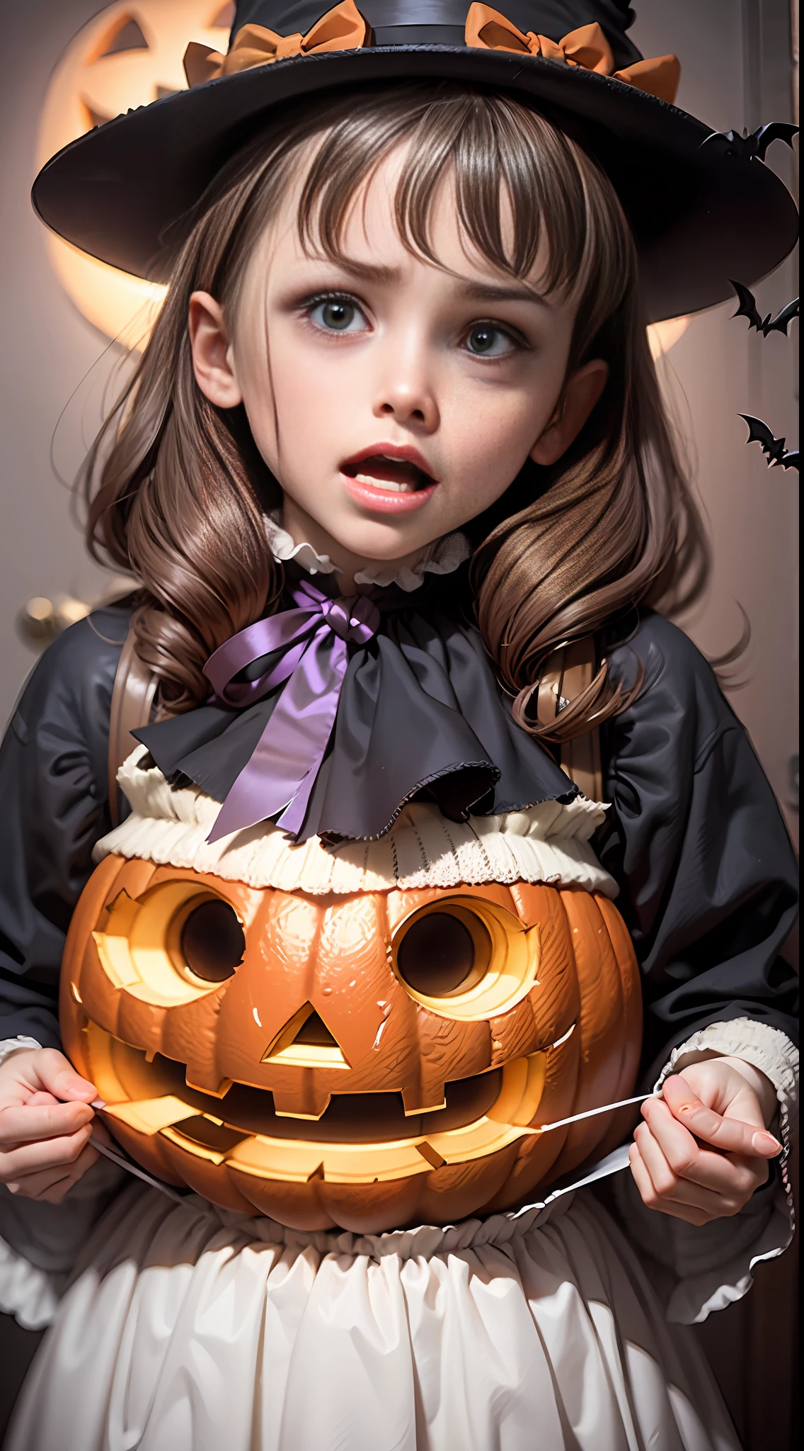 Halloween night in 1968, 4-year-old American girl close up screaming, scared, brown hair, standing, close up face