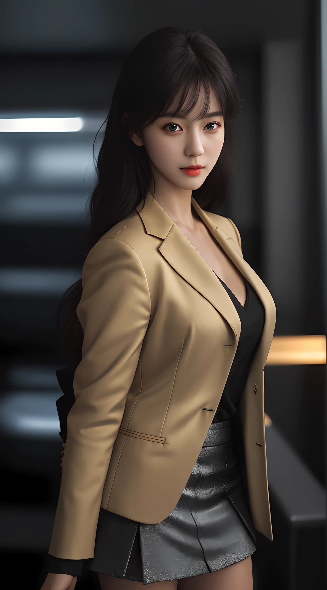 A close up of a woman in a short skirt and jacket - SeaArt AI