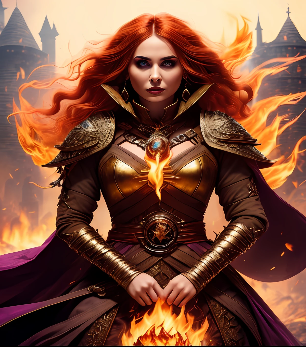 modelshoot style, waist up, award winning digital art of a beautiful sorceress conjuring fire, fully clothed, in a burning and destroyed fantasy village, detailed eyes, magical, d&d, masterpiece, best quality, high contrast, soft lighting, backlighting, bloom, light sparkles, chromatic aberration, smooth, sharp focus