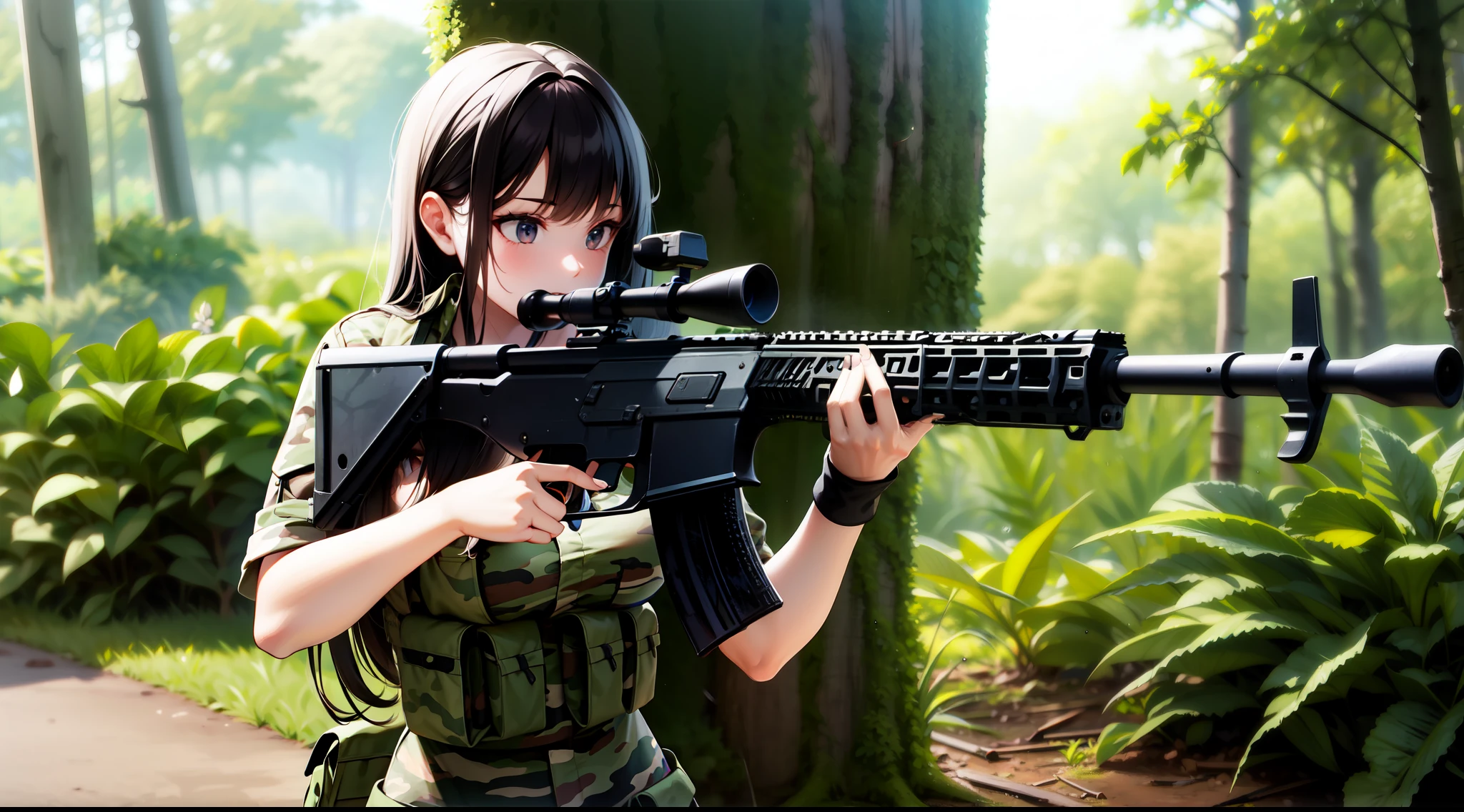battle girl, assault rifle, jungle, camouflage