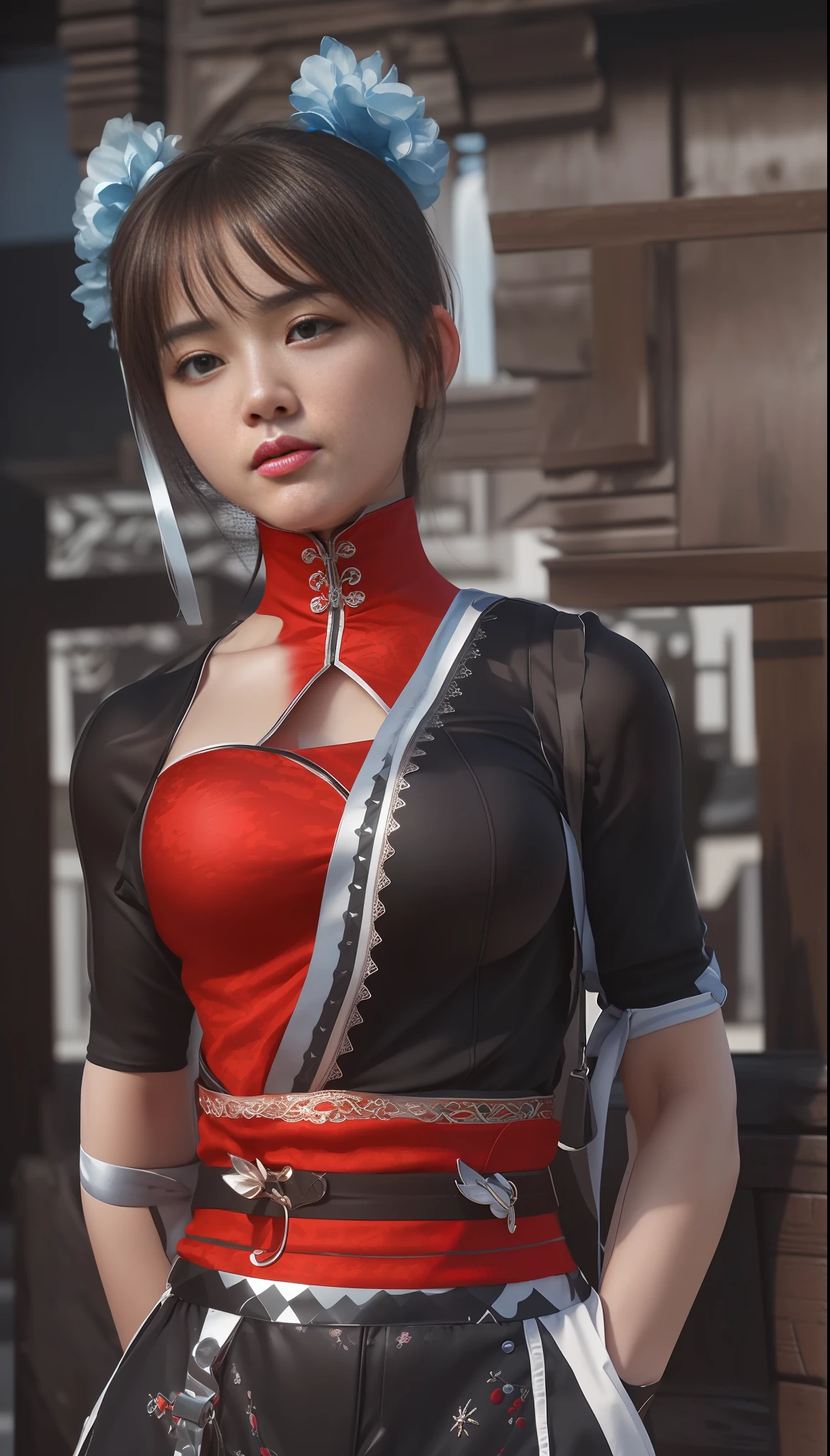 (masterpiece, best quality, extremely detailed 8k, ultra hd, ultra-detailed, highly detailed, highly realistic, ultra-realistic, photo realistic), (1girl:1.5), (detailed realistic skin), (realistic big breasts), slender abs,