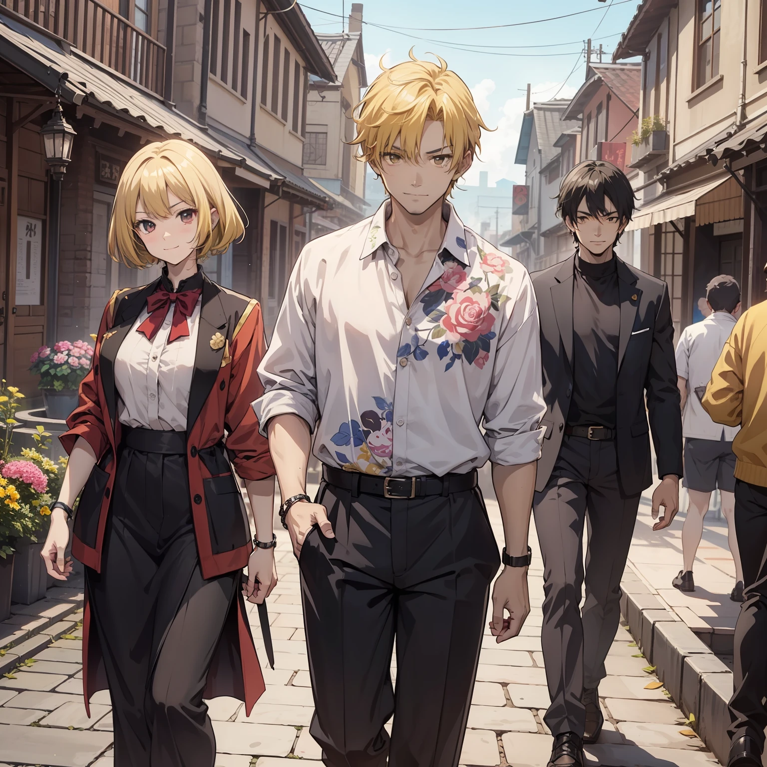 In the yard of a village，One by one, Wear a floral shirt，short yellow hair，The black-skinned villain young man stood with a bad smile，（Bad smile emoji 1.5）（Frown 1.5）（Bad guy 1.5）（The background is the courtyard of the village）Anime style 4 K，Anime rendering，style of anime。8K，Upper body display 1.5）（Cinematic lighting 1.5）（Upper body display 1.3）（Middle-aged uncle 1.5）（Vicissitudes 1.5）