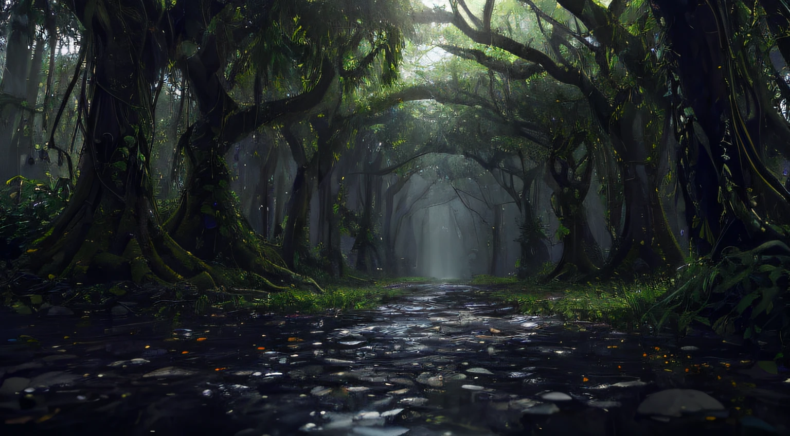 A jungle, monochromatic, vines all around, giant and wet trees, masterpiece, best quality, high quality, extremely detailed CG unity 8k wallpaper, oil paiting, award winning photography, Bokeh, Depth of Field, HDR, bloom, Chromatic Aberration ,Photorealistic,extremely detailed, trending on artstation, trending on CGsociety, Intricate, High Detail, dramatic, art by midjourney, volumetric lighting, ruins, pillars destroyed, destroyed collumns, stones,