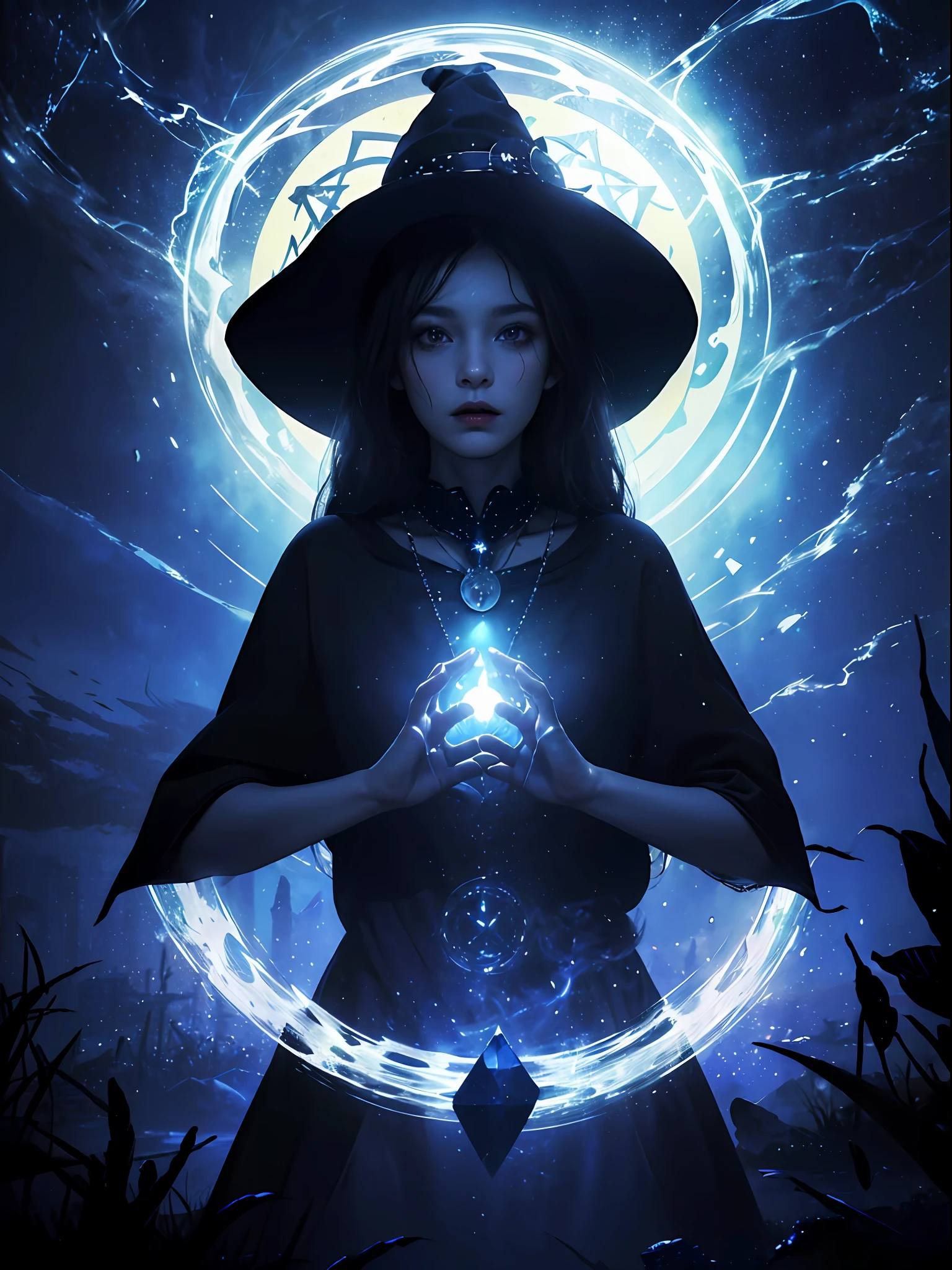 1girl, (witchcore, witchcraft, pagan, mystical, nature, occult) , magician, spell magic, magic circle, ((magic in hand)),(masterpiece, best quality:1.4),(absurdres, highres, ultra detailed:1.2),(using dark magic:1.4), imaginative overlays, artistic fusion,fantastical scenes, evocative narratives, striking visuals, upper body ，(((best quality))),(((ultra detailed))),(((masterpiece)))