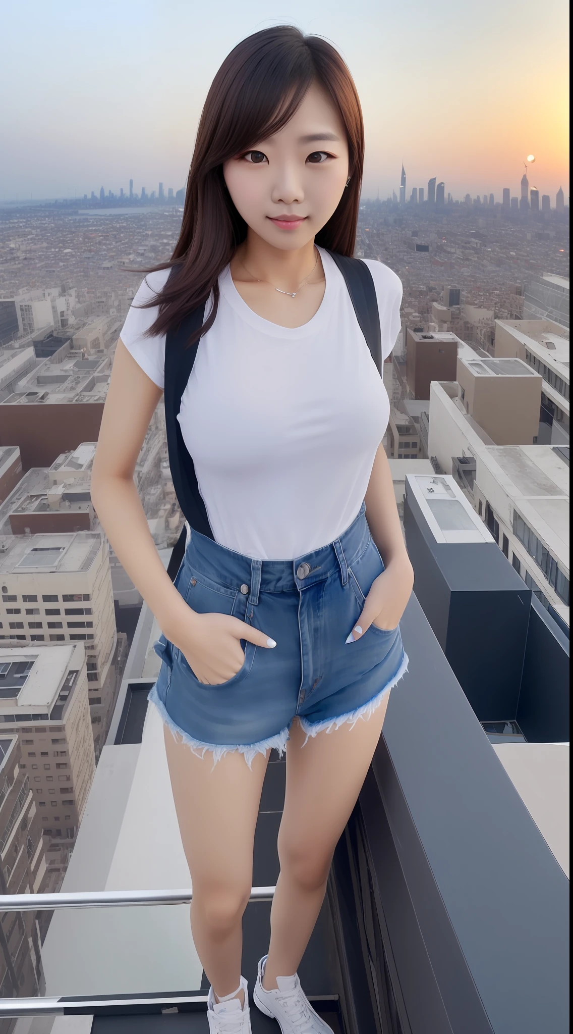 ((Midnight, Best quality, 8k, Masterpiece :1.3)), Whole body, Long legs, Sharp focus :1.2, A pretty woman with perfect figure :1.4, Slender abs :1.1, ((Dark brown hair, Big breasts :1.2)), (White tight tshirt, Jean bib, Standing:1.2), ((Night city view, Rooftop:1.3)), Highly detailed face and skin texture, Detailed eyes, Double eyelid --auto