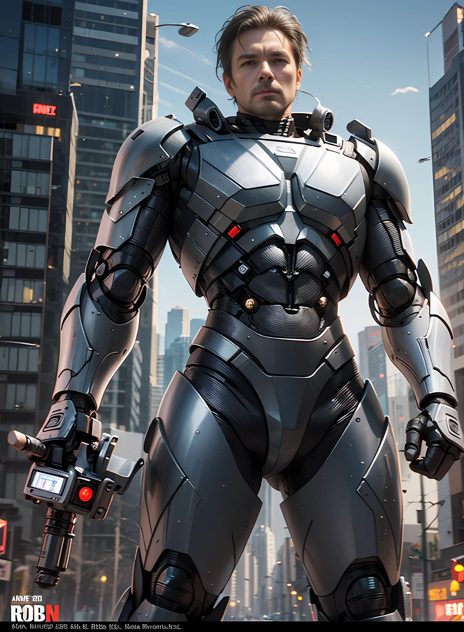 Action movie poster, Robocop, fundo desfocado