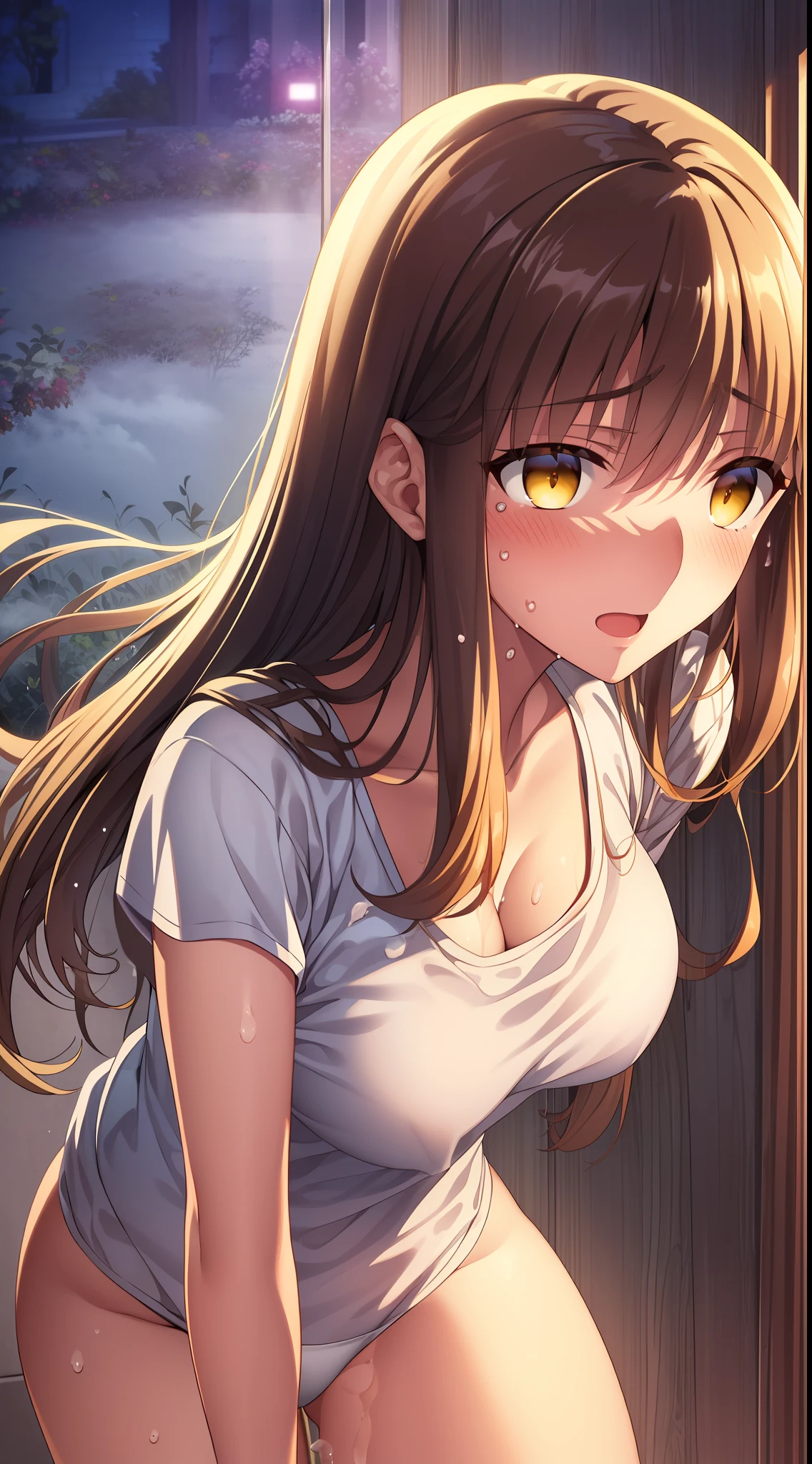 colorful pattern, beautiful, amazing, intricate details, finely detailed, extremely detailed, (((best quality))), (((masterpiese))), dynamic angle, ((watercolor pencil)), latest picture, (((beautiful detailed))), glow, depth of field, Clear line drawing, ufotable style, ufotable screen cap, anime coloring, anime screencap, (((ultra-detailed))), (((hyperdetailed))), (((high resolution))), (((illustration))), (((extremely delicate and beautiful))), ((backlighting)), body satisfaction, Body with a good balance of style, ((slender figure)), ((perfect body)), perfect hands, perfect feet, ((two arms)), ((two legs)), ((five fingers each)), ((perfect joint)), ((perfect joint movement)), (((beautiful detailed eyes))), (detailed eyes:1.4), (((finely detailed eyes))), ((perfect anatomy)), full dissection, parfect composition, correct limbs, balance and coordination in all things, realistic:0.5, precise fingers and hands, ((cheerful girl)), ((brown hair)), semi-long hair, bangs, ((yellow eyes)), ((medium breasts)), ((small-sized buttocks)), straight hair, ((Bedroom)), (((night:2.0))), indoors, ((plain patterned clothes)), ((white short-sleeved T-shirt)), ((white panties)), bare arms, bare legs, ((breast curtains)), ((clothing lifted by the breasts)), ((blush)), shy, ((sweat)), ((teary eyes)), Ecstasy, gasping face, ((ecstasy face)), ((cum pouring out of )), dripping wet , (( )), 1girl, 1boy, , trembling with sexual climax, pleasure, sweat, clothed , implied , (((standing))), ((forward-bent posture)), lean forward, (((standing ))), (((doggy style ))), ((put one's hands on the wall)), ((from side)),