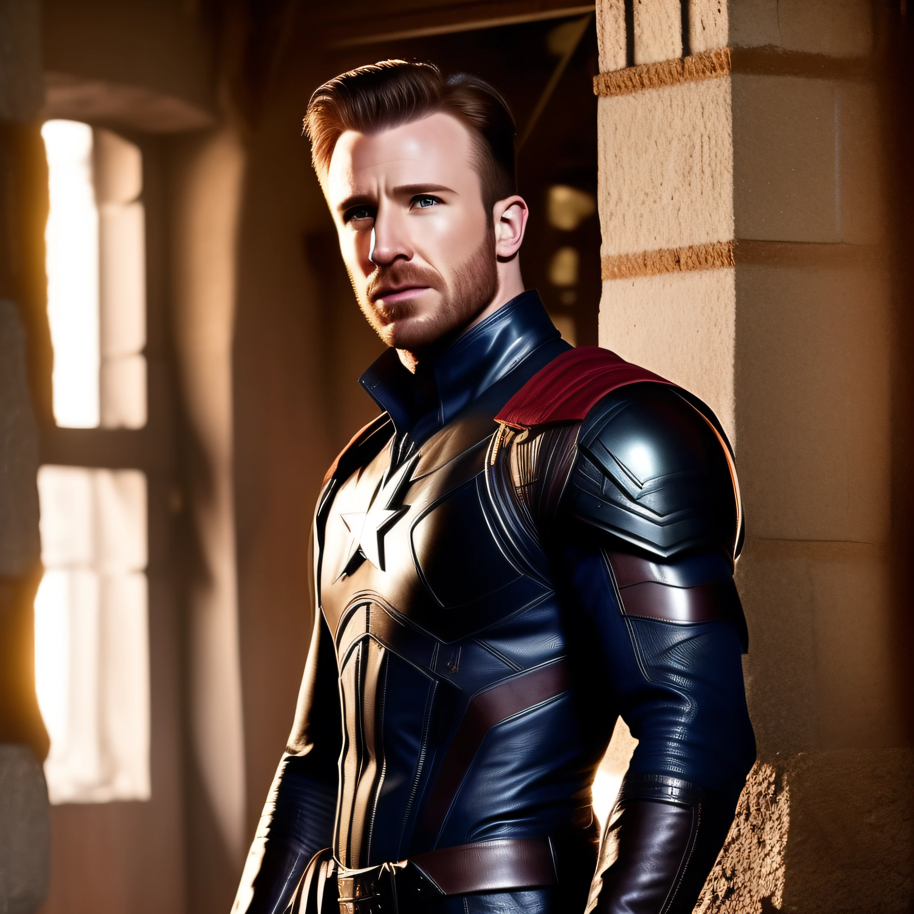 Chris Evans as Steve Rogers / Captain America, natural facial expressions, beautiful, dramatic, dashing, award-winning hairstyle, is a true masterpiece of masculine beauty, the face as in the movie, perfecting the anatomical perfection of a man standing tall in an abandoned city. The studio lighting highlights the film-like armor which adds to his confidence. The scenery is lush and mysterious, with the dark city and its surroundings. The camera details everything. When looking into beautiful eyes, there are eyes that will attract people. His gaze is on the viewer, you can clearly see every small detail, every perfect line, every beautiful leather detail with 8K quality, people are captivated by the confidence radiating from each eye. His head is framed with brown blonde hair and his face is drawn in meticulous detail using 8K quality images.