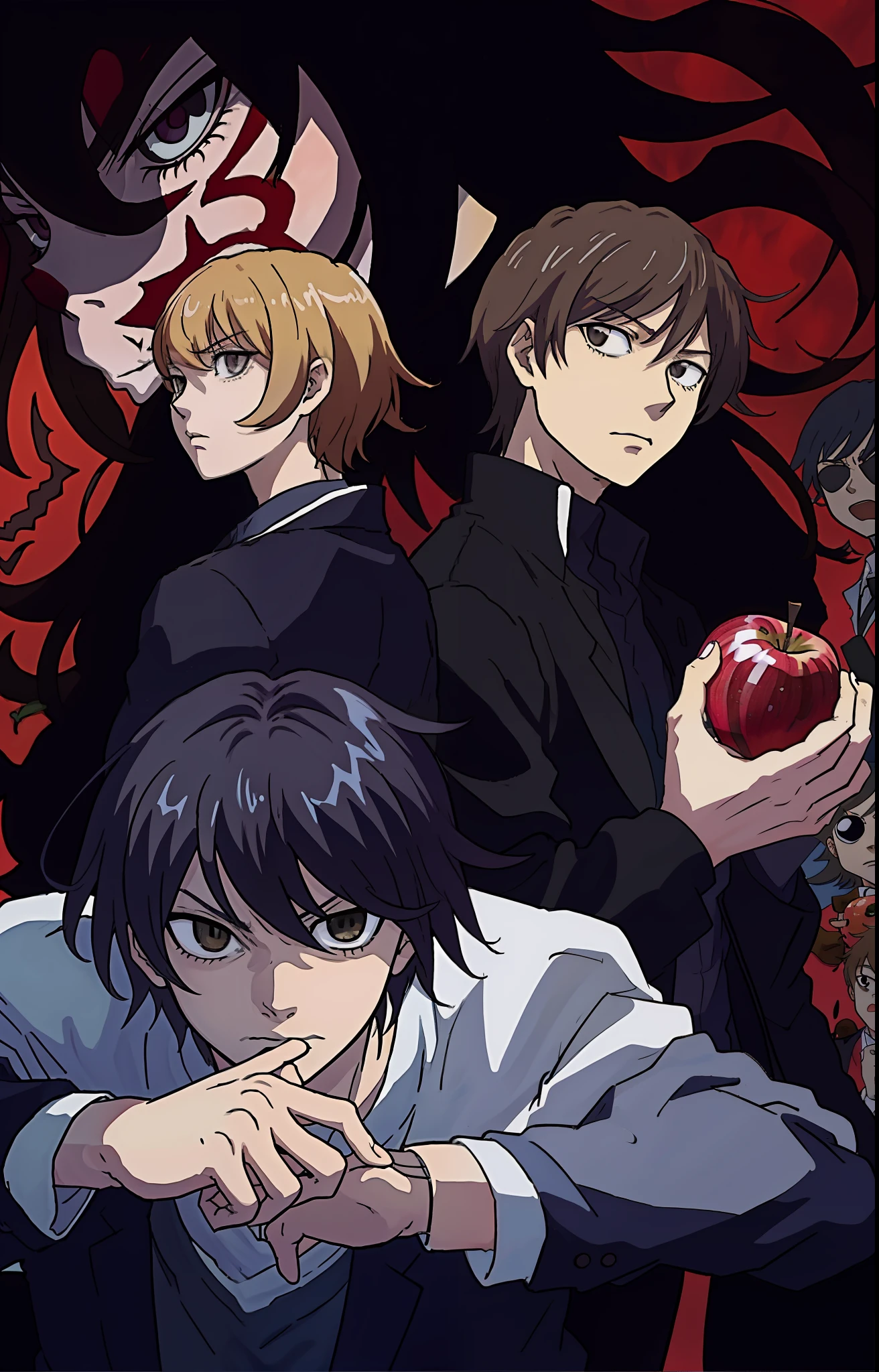 anime characters holding an apple in front of a demon, death note, death note style, light yagami, yagami light, death note, anime masterpiece, anime visual, アニメ, shinigami, anime series, inspired by Takeshi Obata, manga”, anime”, l · Lawliet, amane misa, dramatic anime, anime like