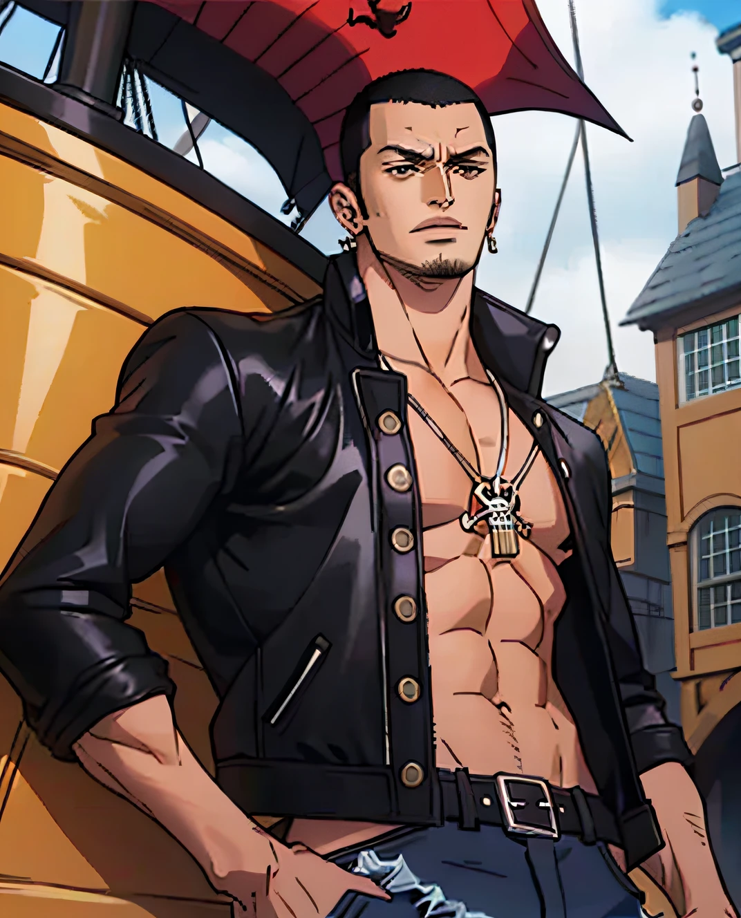 dark skin funyl guy, (buzz cut:1.2), leather jacket, black jeans, normal ears, (on a pirate ship:1.1), (earrings), (handsome face:1.3)