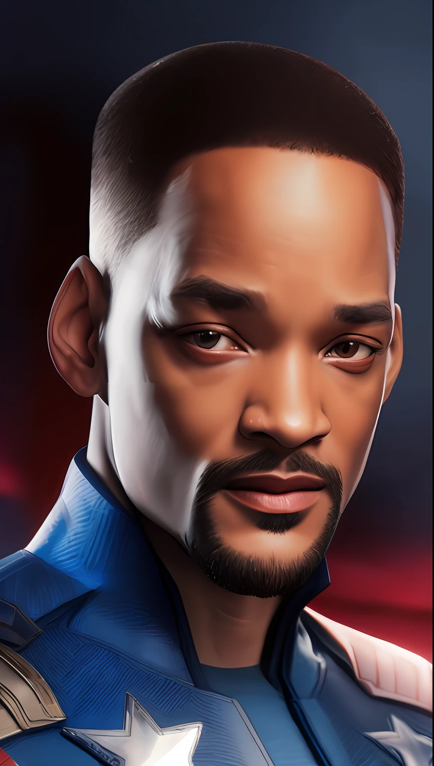 . .Tarantino style Will Smith as Captain America 8k, high definition, detailed face, detailed face, detailed eyes, detailed suit, in style of marvel and dc, hyper-realistic, + cinematic shot + dynamic composition, incredibly detailed, sharpen, details + superb details + evening with light + perfectionism + award winning realism ((moody lighting))