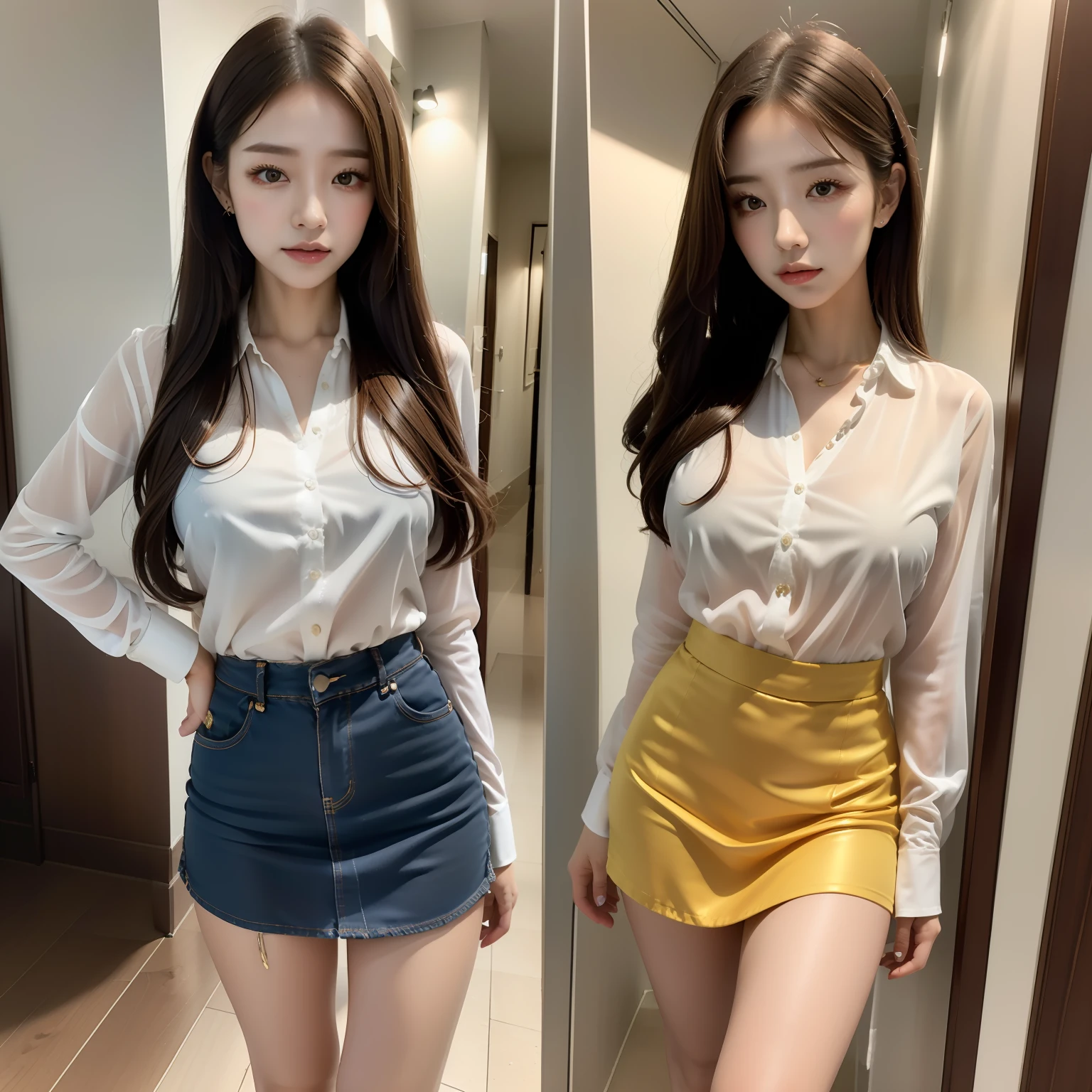 in focus, Full Body Photo (FLS), FHD, 1080P, 2K, 4K, 8K, Mind-bSoft illuminationlowing Details, Unfathomable, Leica camera, Full Length Shot (FLS), cute, Golden Ratio, Soft illumination, absorbing. Super detailed, extremely detailed, beautiful and meticulous girl, 1 girl, (perfect female figure), full body, chiffon shirt, short skirt, long legs, no breasts.