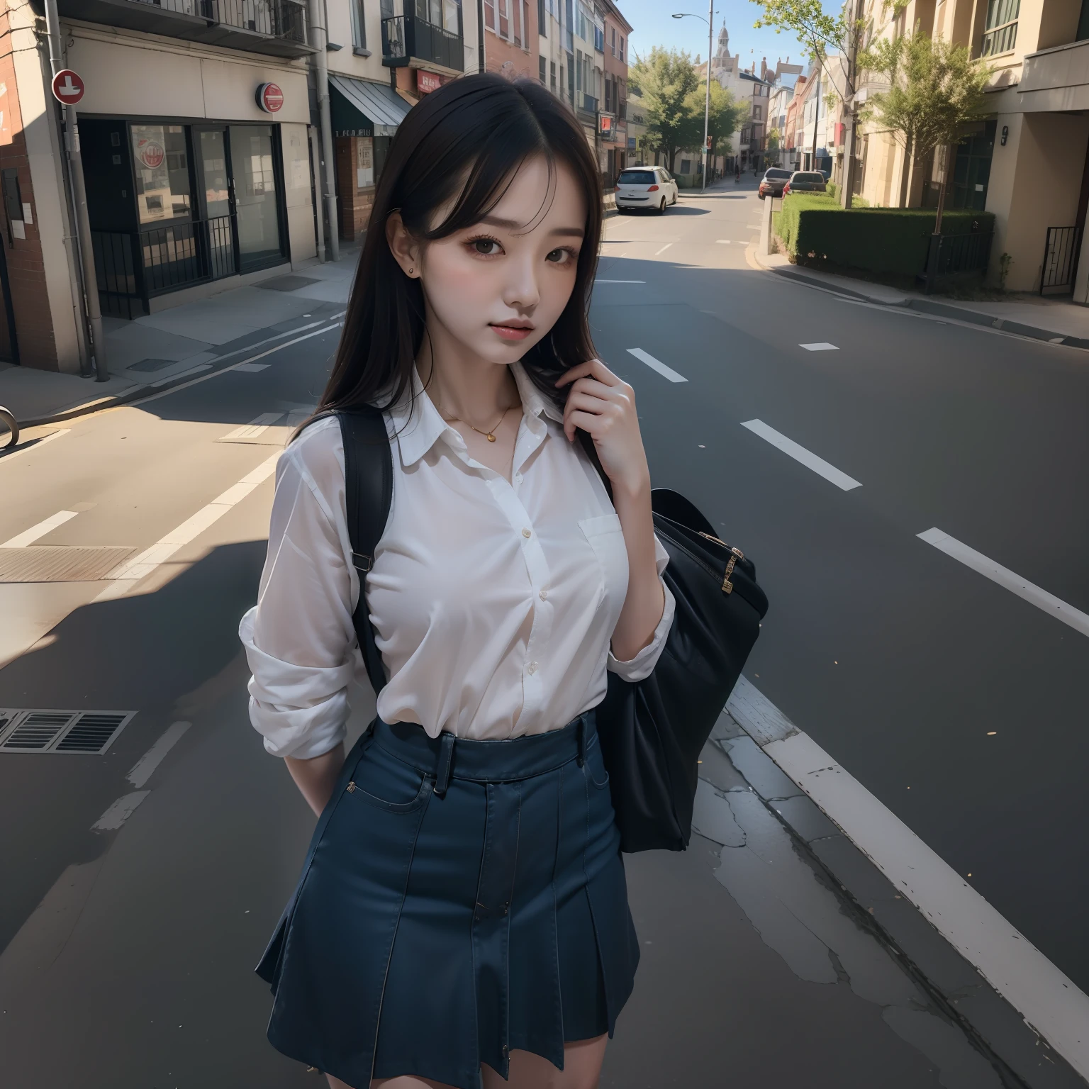 in focus, Full Body Photo (FLS), FHD, 1080P, 2K, 4K, 8K, Mind-bSoft illuminationlowing Details, Unfathomable, Leica camera, Full Length Shot (FLS), cute, Golden Ratio, Soft illumination, absorbing. Super detailed, extremely detailed, beautiful and meticulous girl, 1 girl, (perfect female figure), full body, chiffon shirt, short skirt, long legs, no breasts.