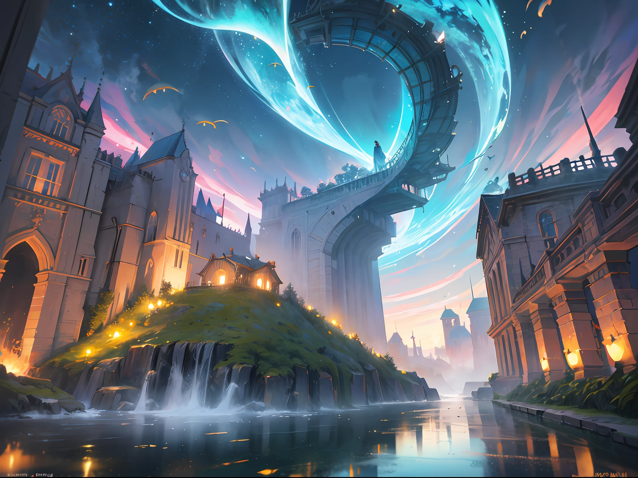Masterpiece, High Quality, Ocean Forest, City, Fantastic Fantasy, Glowing Plants, Coral Viaduct, (Swarm of Glowing Jellyfish), (Shoal of Fish with Transparent Wings Flying in the Sky), Misty, Extreme Detail, Morning Light, Epic Composition, (Intricate Detail), (Intricate Design, Ultra Detail: 1.2), Art Station, (Masterpiece, Best Quality), Ultra HD, 32k ,castle,1girl --v 6