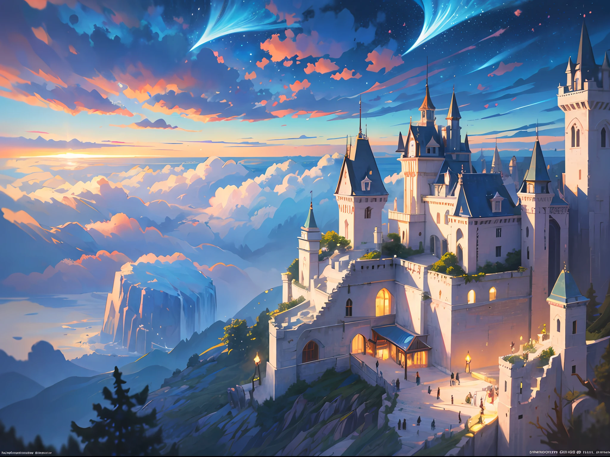 Masterpiece, High Quality, Ocean Forest, City, Fantastic Fantasy, Glowing Plants, Coral Viaduct, (Swarm of Glowing Jellyfish), (Shoal of Fish with Transparent Wings Flying in the Sky), Misty, Extreme Detail, Morning Light, Epic Composition, (Intricate Detail), (Intricate Design, Ultra Detail: 1.2), Art Station, (Masterpiece, Best Quality), Ultra HD, 32k ,castle,1girl --v 6