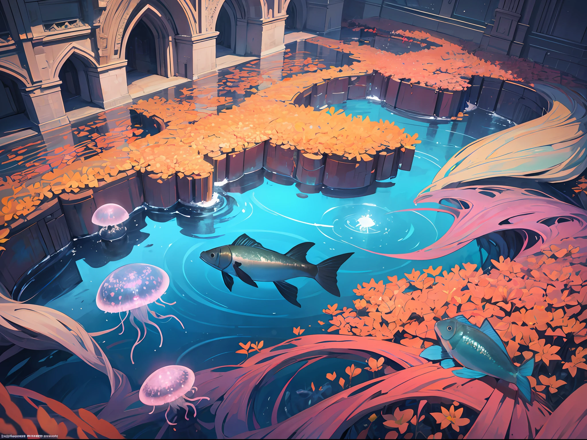 Masterpiece, High Quality, Ocean Forest, City, Fantastic Fantasy, Glowing Plants, Coral Viaduct, (Swarm of Glowing Jellyfish), (Shoal of Fish with Transparent Wings Flying in the Sky), Misty, Extreme Detail, Morning Light, Epic Composition, (Intricate Detail), (Intricate Design, Ultra Detail: 1.2), Art Station, (Masterpiece, Best Quality), Ultra HD, 32k ,castle,1girl --v 6
