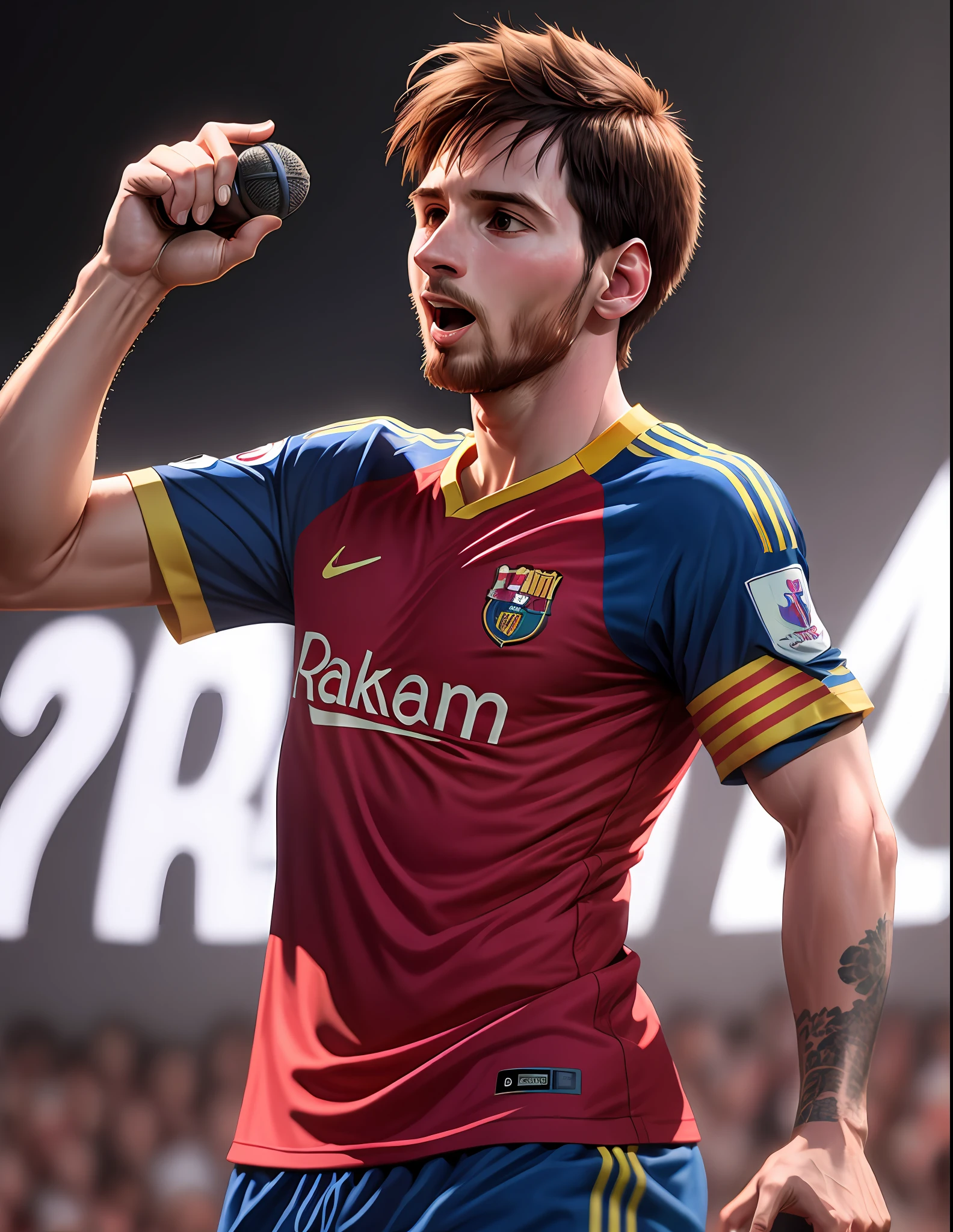 Animation of Messi with a microphone in his hand