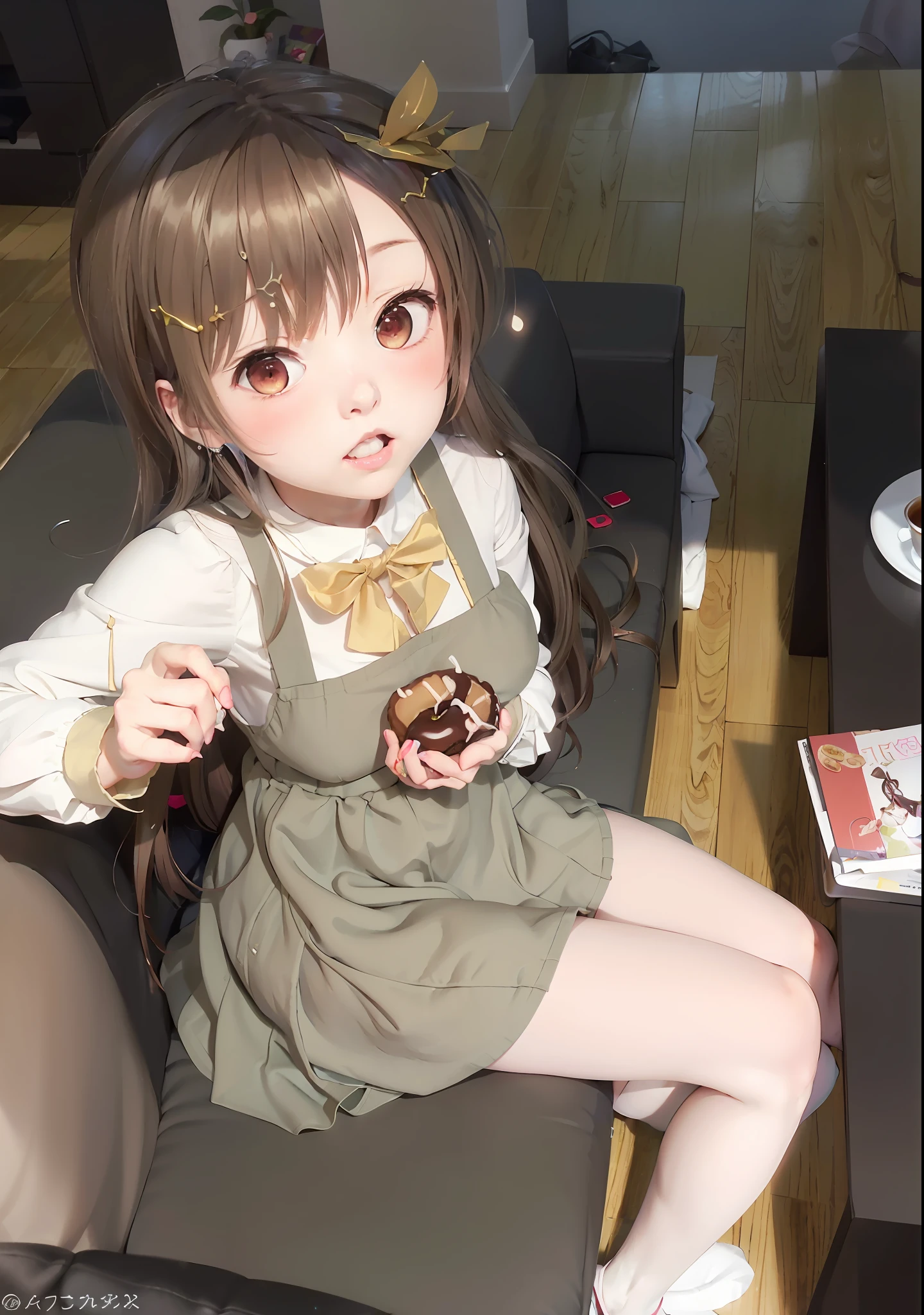 anime girl sitting on a couch with a cup of coffee, small curvy loli, Smooth anime CG art, anime moe art style, loli in dress, Cute anime girl, made with anime painter studio, [ 4 K digital art ]!!, Marin Kitagawa fanart, anime visual of a cute girl, pixiv 3dcg, eating a donut