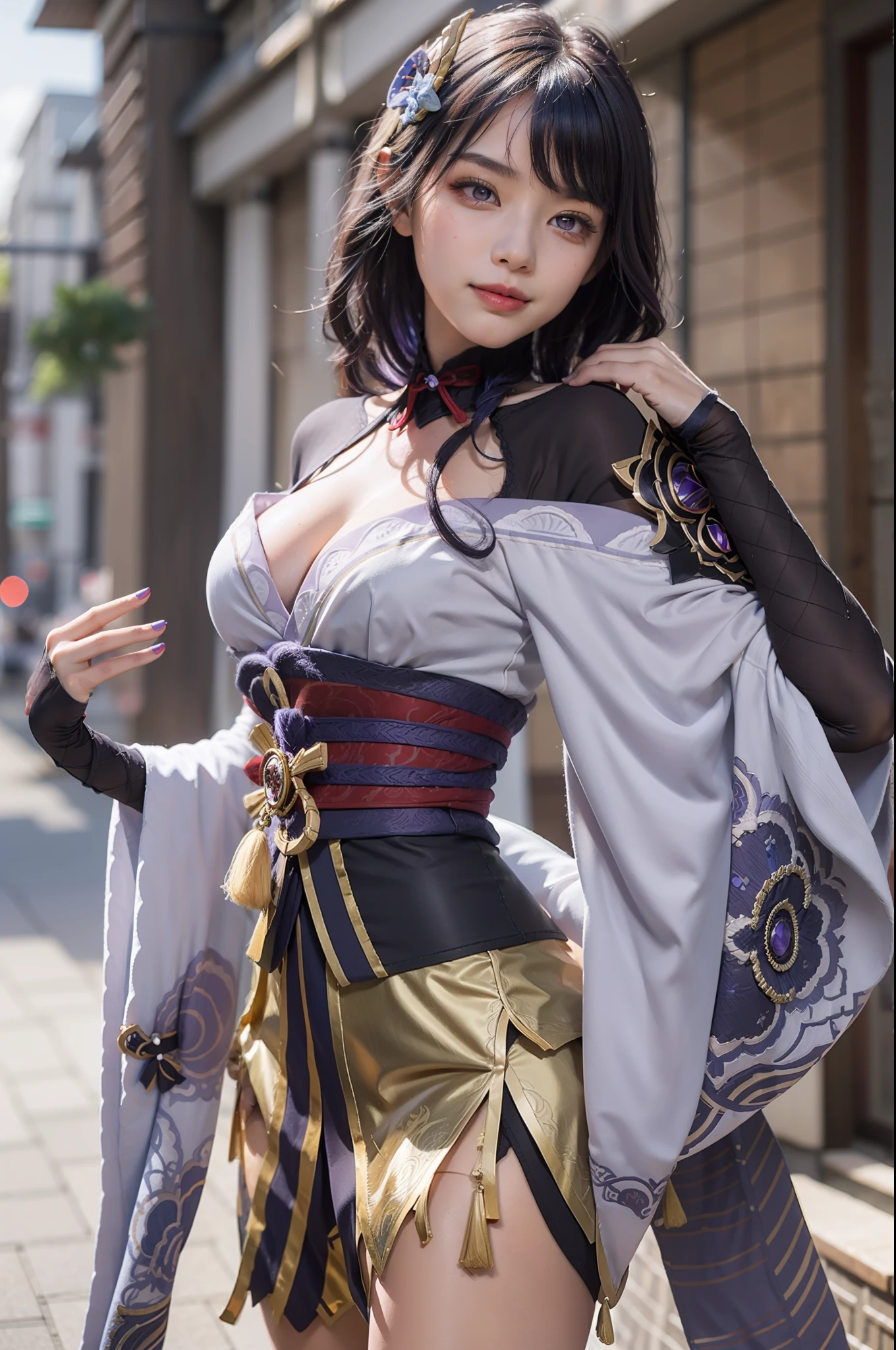 raiden shougun, masterpiece, best quality, ultra detailed, very detailed, candid shot, colorful, realistic lighting, 1girl, tall female, golden ratio, upper body, solo, very detailed, 4k, 8k, light background, purple hair, illustration, 1girl, flowing hair, short bangs, single medium-length braid, single hair ornament, single long sleeve, japanese outfit, light purple kimono, dark purple thigh-high stockings, single short sleeve, lavender eyes, single short sleeve, lavender nail polish, beautiful detailed eyes, black thighhighs, delicate beautiful face, high saturation, no extra arms, no extra legs, colorful splashes, shining, ultra detailed, blue sky, ancient city, ancient east asian architecture, sunrise, full body, dynamic pose, light smile, closed mouth, flowing, upper body, dynamic pose, light smile, closed mouth, flowing, standing, dynamic pose.