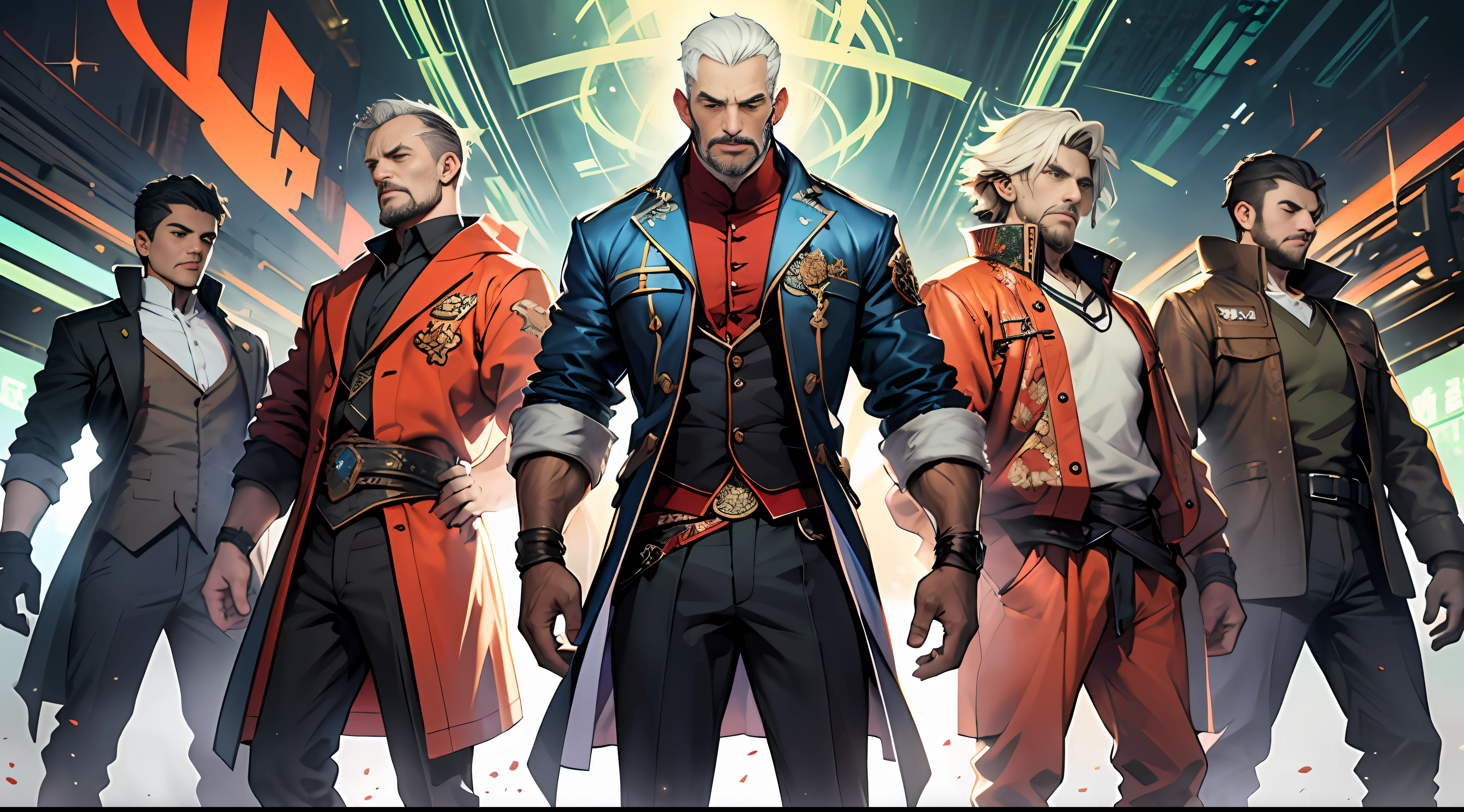 Best quality, 巨作, Super detail, A tall man standing in the center of the Spirit and Goodness team, surrounded by a group of reliant companions, Determined gaze，There was an expression of hope and anticipation on his face.