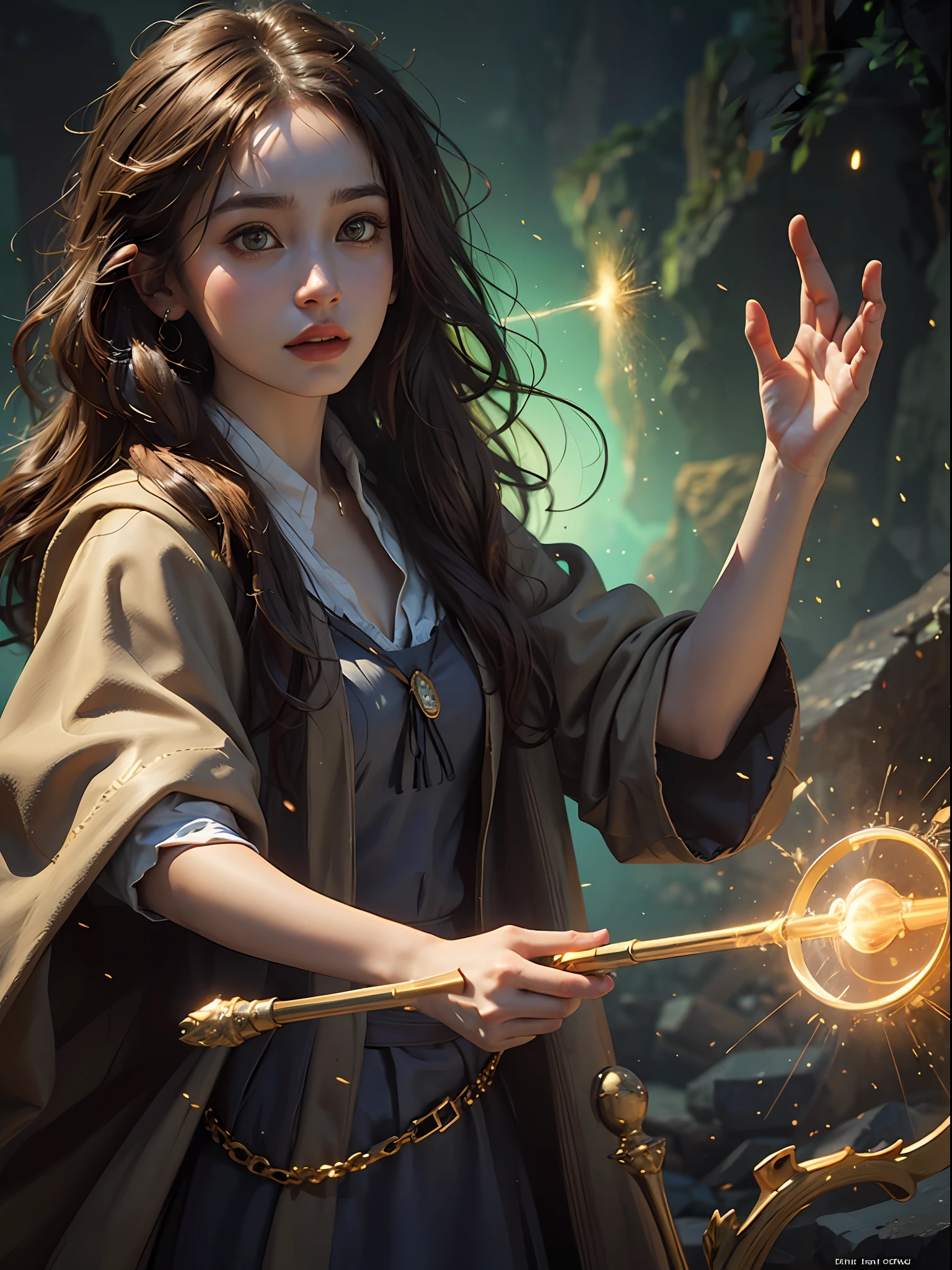 1girl, solo focus, child,  Hermione Granger，realistic， in long hogwarts robes， casting a spell, waving her wand with golden particle effects, lumos maxima against a skeleton soldier in a dark cave, cinematic lighting, trending on ArtStation, by Irakli Nadar, Greg Rutkowski，(((best quality))),(((ultra detailed))),(((masterpiece)))