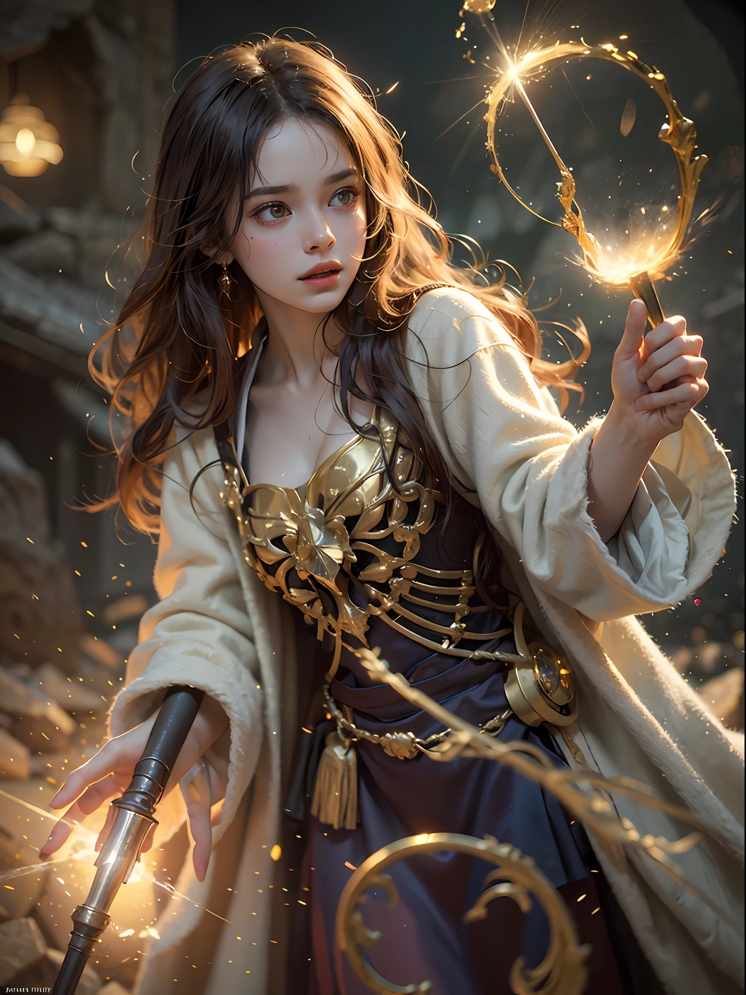 1girl, solo focus, ,  Hermione Granger，realistic， in long hogwarts robes， casting a spell, waving her wand with golden particle effects, lumos maxima against a skeleton soldier in a dark cave, cinematic lighting, trending on ArtStation, by Irakli Nadar, Greg Rutkowski，(((best quality))),(((ultra detailed))),(((masterpiece)))