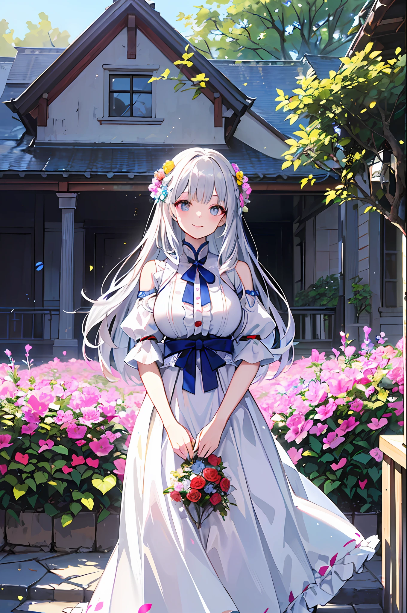 (A masterpice、of the best quality、illutst、Extremely high quality、high picture quality、Extremely sensitive writing)Girl with long silver hair standing in beautiful flowery garden、smile on face、She has a large bouquet、Cute traditional costume style dress with frills、Hair fluttering in the wind