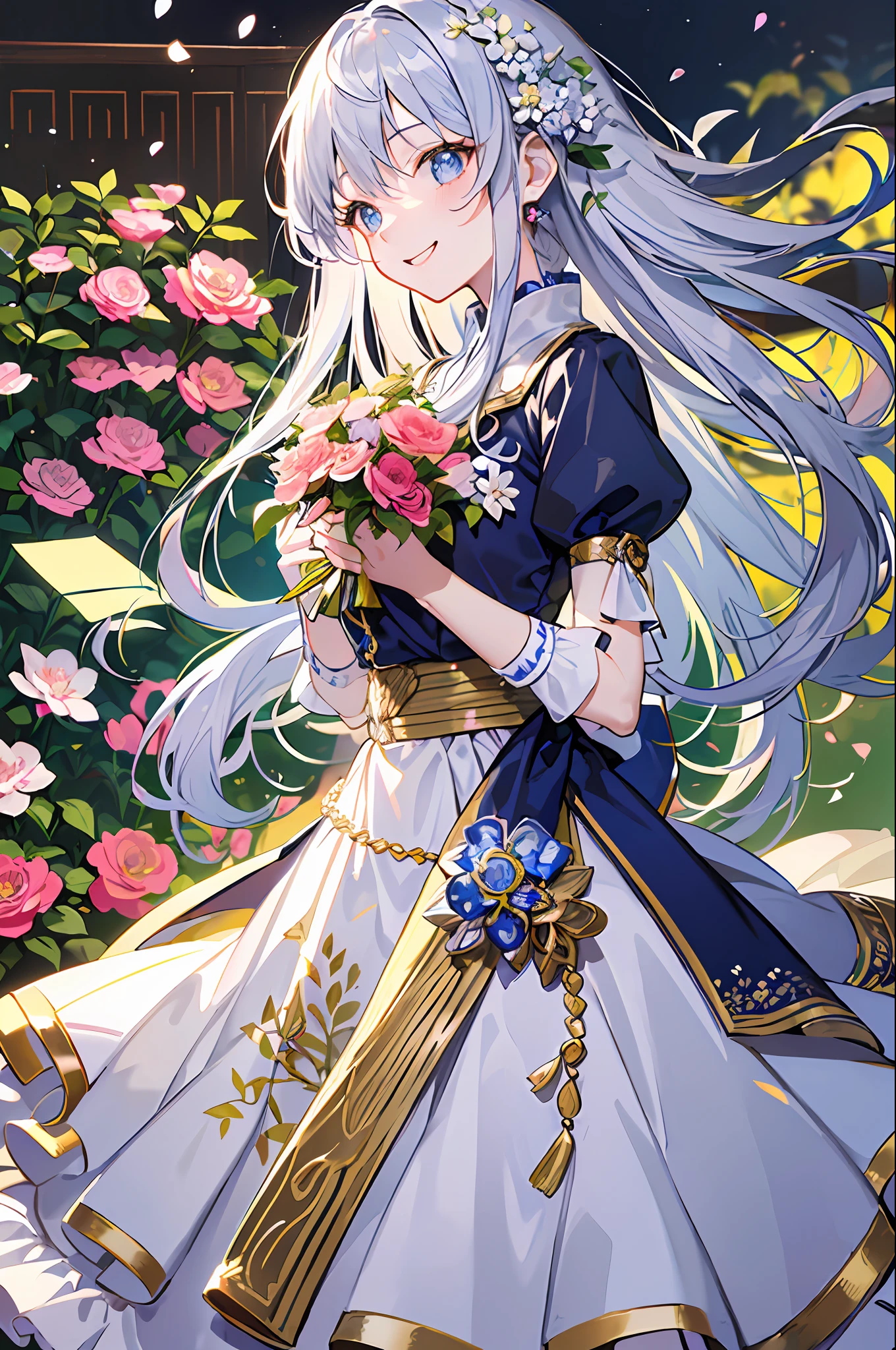 (A masterpice、of the best quality、illutst、Extremely high quality、high picture quality、Extremely sensitive writing)Girl with long silver hair standing in beautiful flowery garden、smile on face、She has a large bouquet、Cute traditional costume style dress with frills、Hair fluttering in the wind