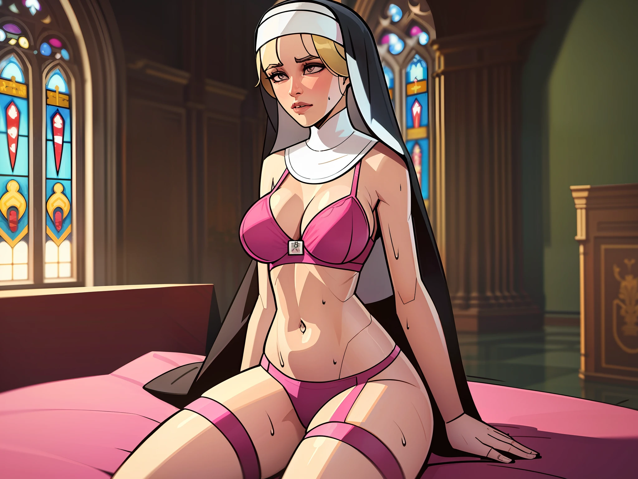 GTA 5 loading scene of a sexslave nun tied in a bed, sweat body, using pink lingerie, in a church