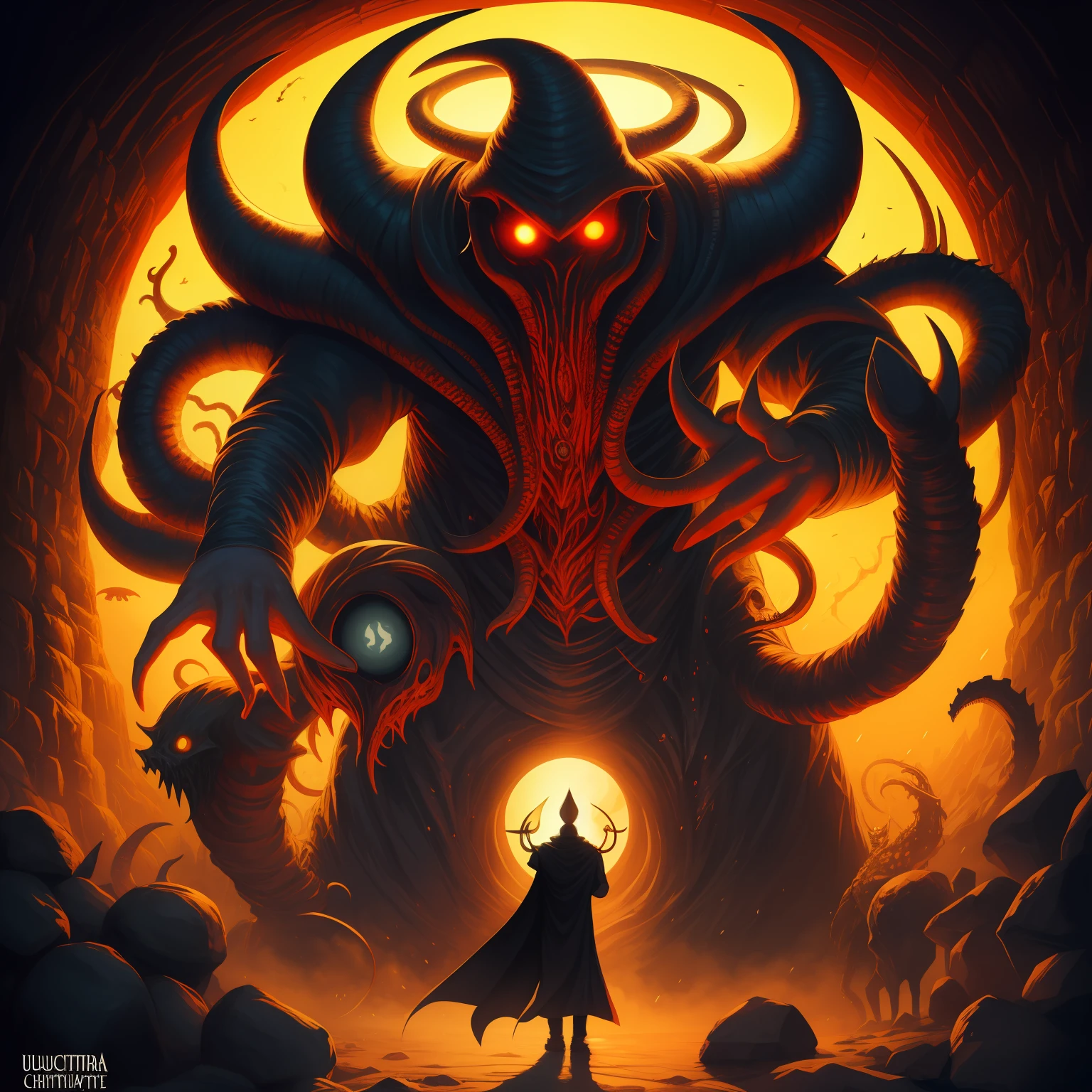 Um desenhor de um sacerdote, Nyarlathotep, Azathoth, Chtulhu, Hastur, o Rei em amarelo, lovecraft illustration, monstro lovecraftiano, criatura lovecraftiana, arte lovecraft, Hastur, grande antdigo, Eldritch Deus, ocultista, mindflayer --auto