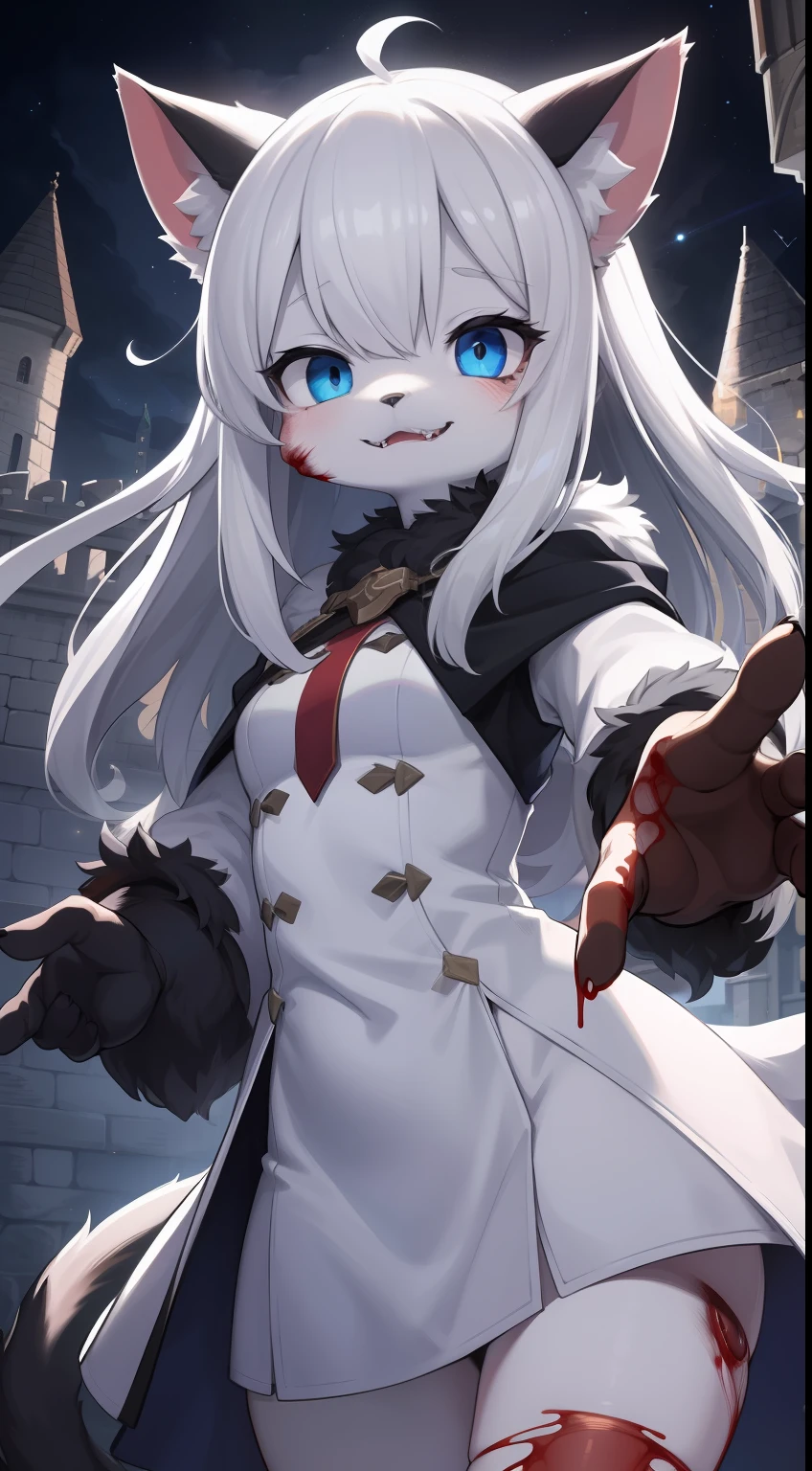 Cat Girl,was hairy,shaggy,Skin fur,White fur,Forelimb hands,hair splayed out,White ears,White face fur ,Blue eyes,Super cute face,Empty eyes,Crazy smile, Fangs,White dress,Ambient light,Ultra-fine fur,volumettic light,White hair, hair splayed out, Shiny hair,Long hair, dashed eyes, bangs, light and darkcontrast, ultra high def, 巨作, Super detail,Castle background,Night,starry light,blood, blood_On_clothes, blood_On_Hands, blood_On_arma, blood_Flying splashes, blood_stain