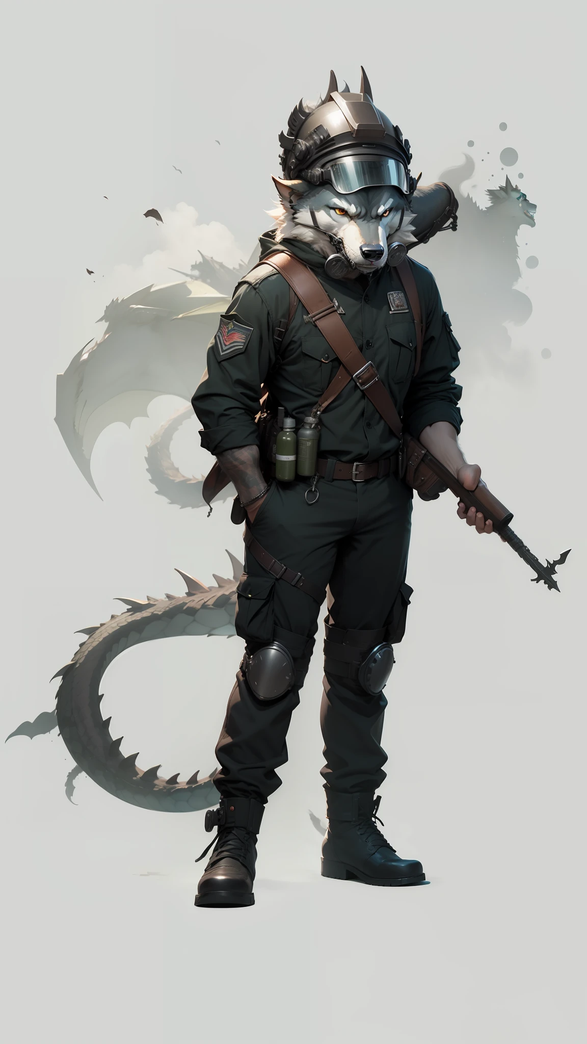 Wolf orcs with dragon tails,Wearing a special combat uniform,wearing her helmet、Goggles and gas masks。