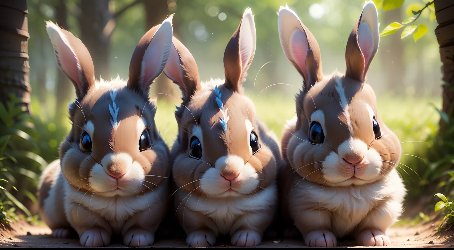 ((Qualidade de desenho animado)) ((3 baby rabbits)) ((1 lobo assustando na floresta)), ((magical lighting in vibrant colors)), ((dia ensolarado))