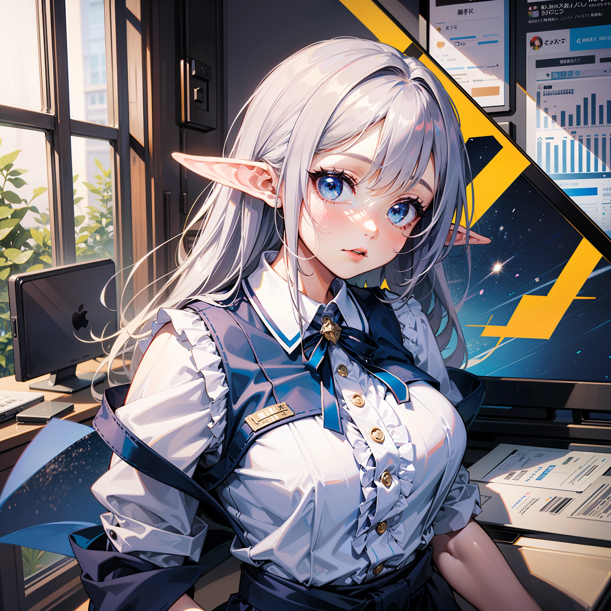 masterspiece、Ultra high image quality、High Accuracy、Young cute beautiful elf、Art Works、smalll breasts、Tied waist、small ass、ruffles、Oversized clothes、Office Worker、Navy blue vest、White slacks