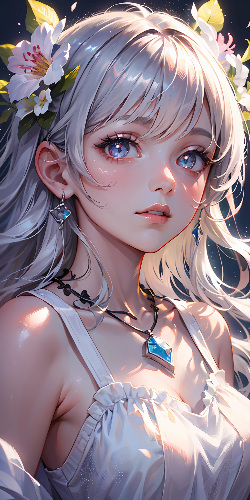 (best quality, masterpiece), 1 girl, pose, particle, wind, flower, upper body, simple background, look at the viewer, focus on face, silver hair, silver eyes, necklace, loose hair, white dress, white pupils