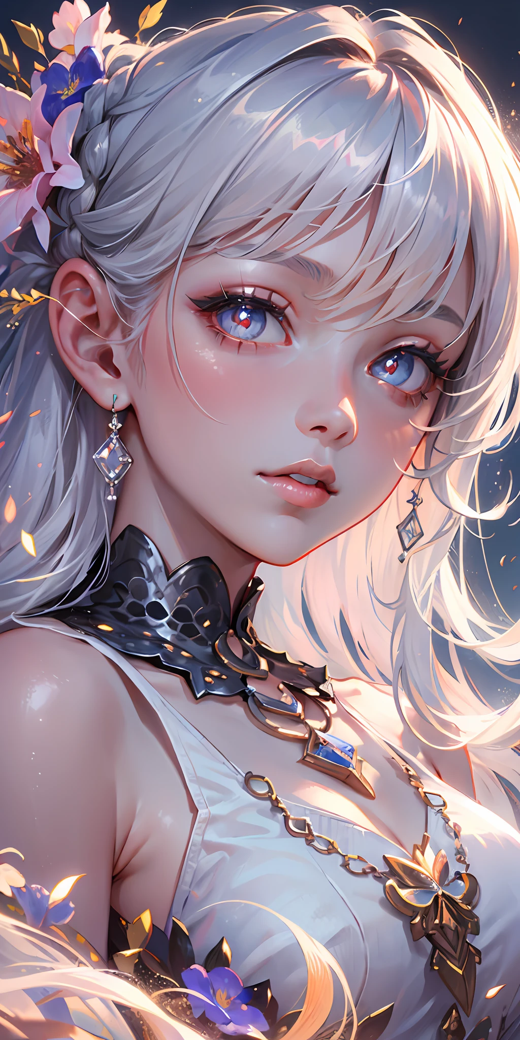 (best quality, masterpiece), 1 girl, pose, particle, wind, flower, upper body, simple background, look at the viewer, focus on face, silver hair, silver eyes, necklace, loose hair, white dress, white pupils