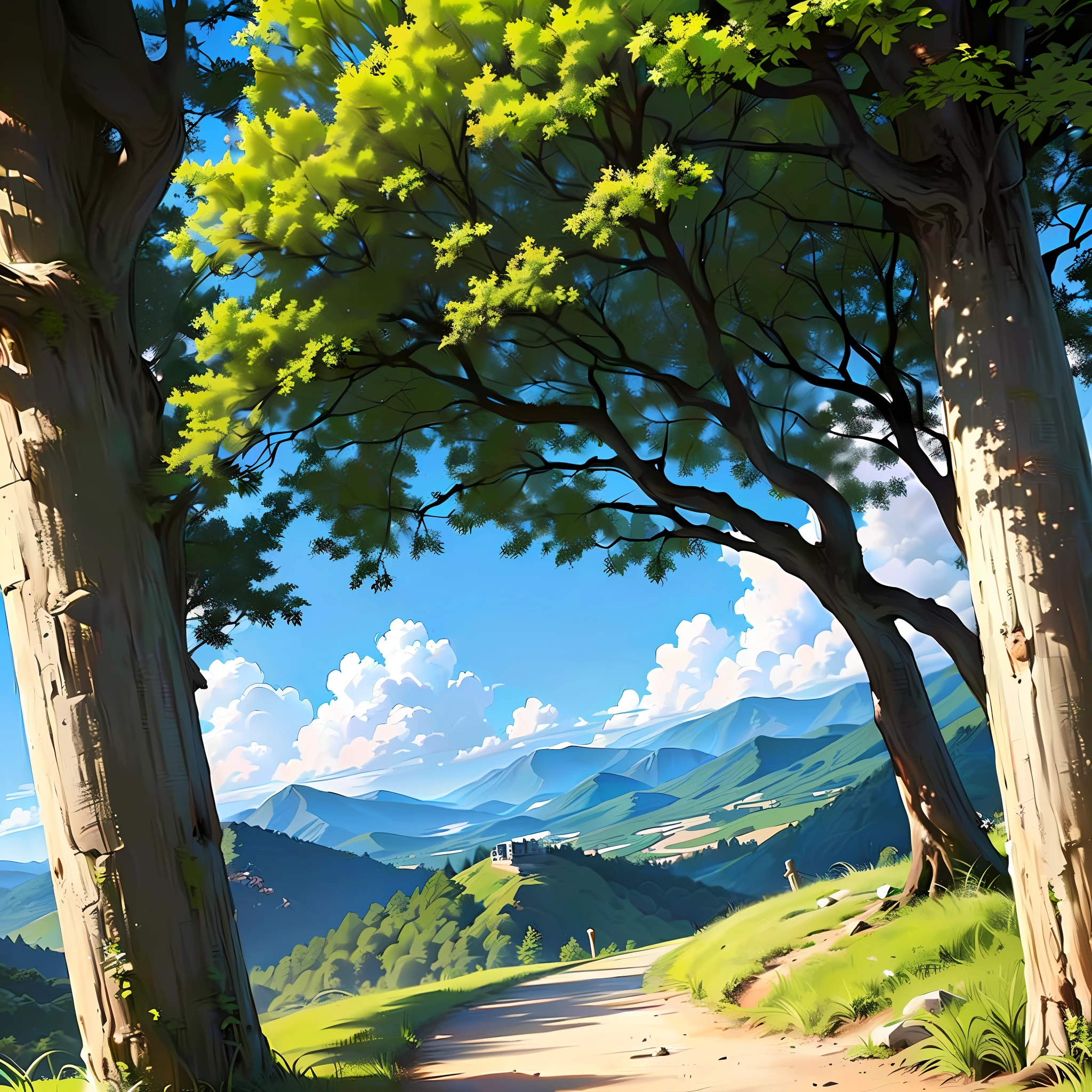 Merger between Goku and Picolo, oild painting, em cima da montanha, with trees around, raios de sol, nuvens, montanhas ao fundo --auto