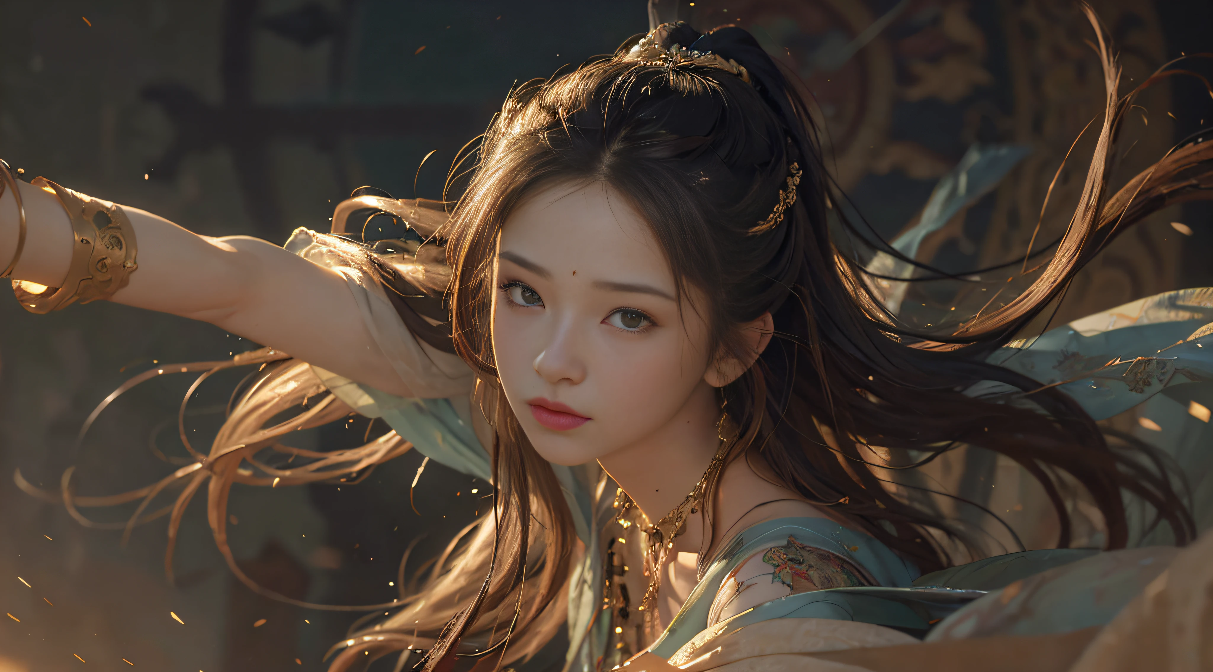 (RAW Photo, Best Quality), (Realistic, Photo Realistic: 1.3), Best Quality, Highly Detailed, Masterpiece, Hyperdetail, Illustration, 1 Girl, Forehead with Painting, upper_body, Dynamic Angle, World Masterpiece Theater, messy_long_hair, Best Quality, Extremely Detailed CG Unified 8k Wallpaper, Ink, Amazing, Cinematic Lighting, lens_flare,dunhuang_style