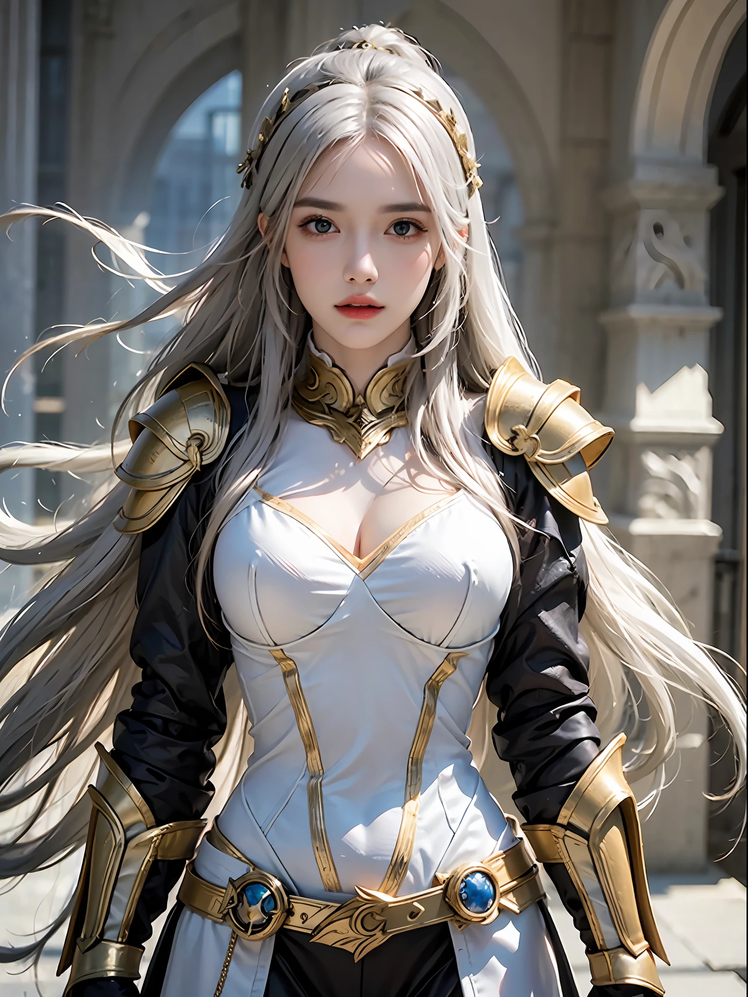 photorealistic, high resolution, 1 girl, white long hair, beautiful eyes, normal breast, armor, full armor, gold armor