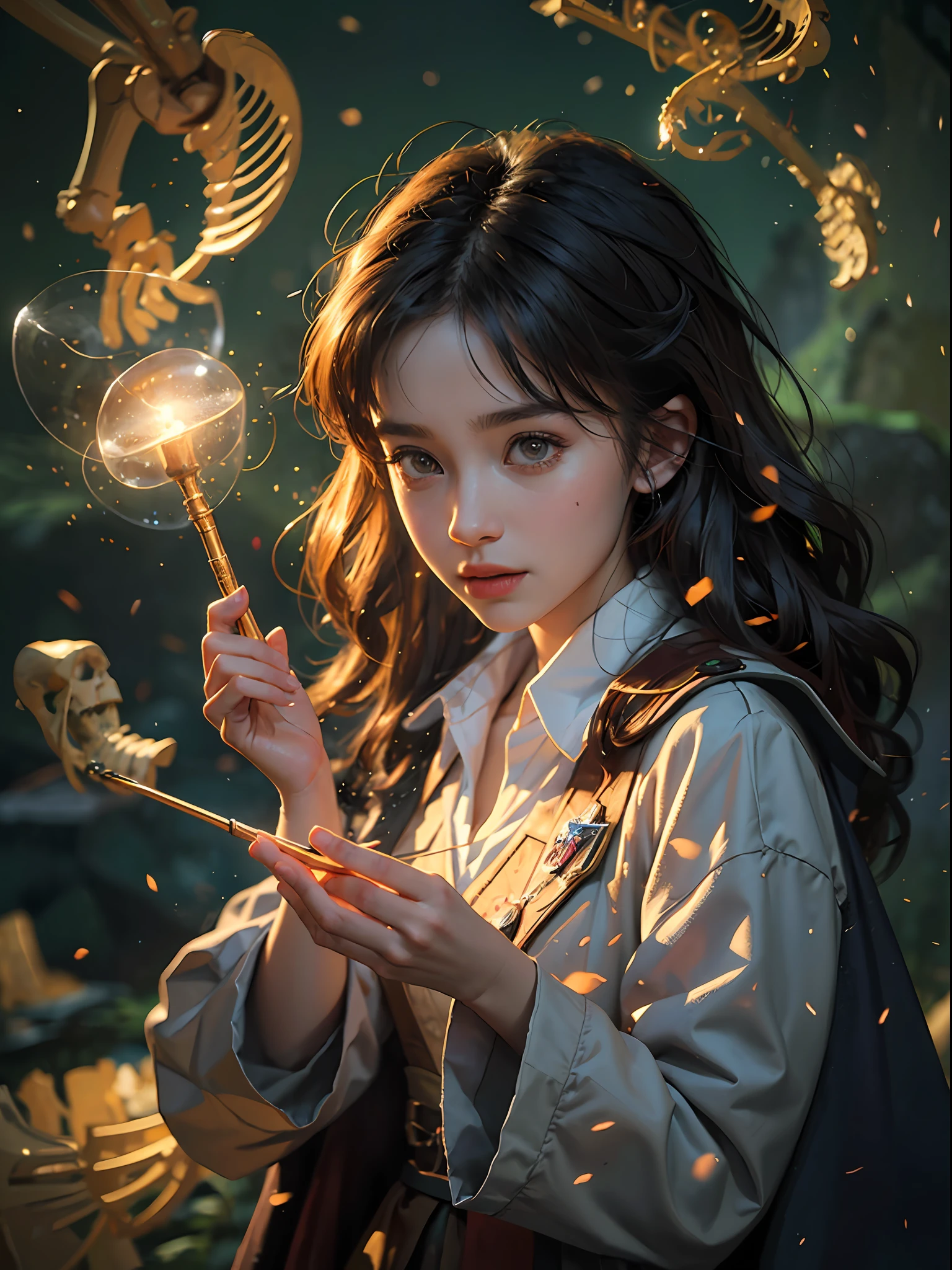 1girl, solo focus, child,  Hermione Granger，realistic， in long hogwarts robes， casting a spell, waving her wand with golden particle effects, lumos maxima against a skeleton soldier in a dark cave, cinematic lighting, trending on ArtStation, by Irakli Nadar, Greg Rutkowski，(((best quality))),(((ultra detailed))),(((masterpiece)))