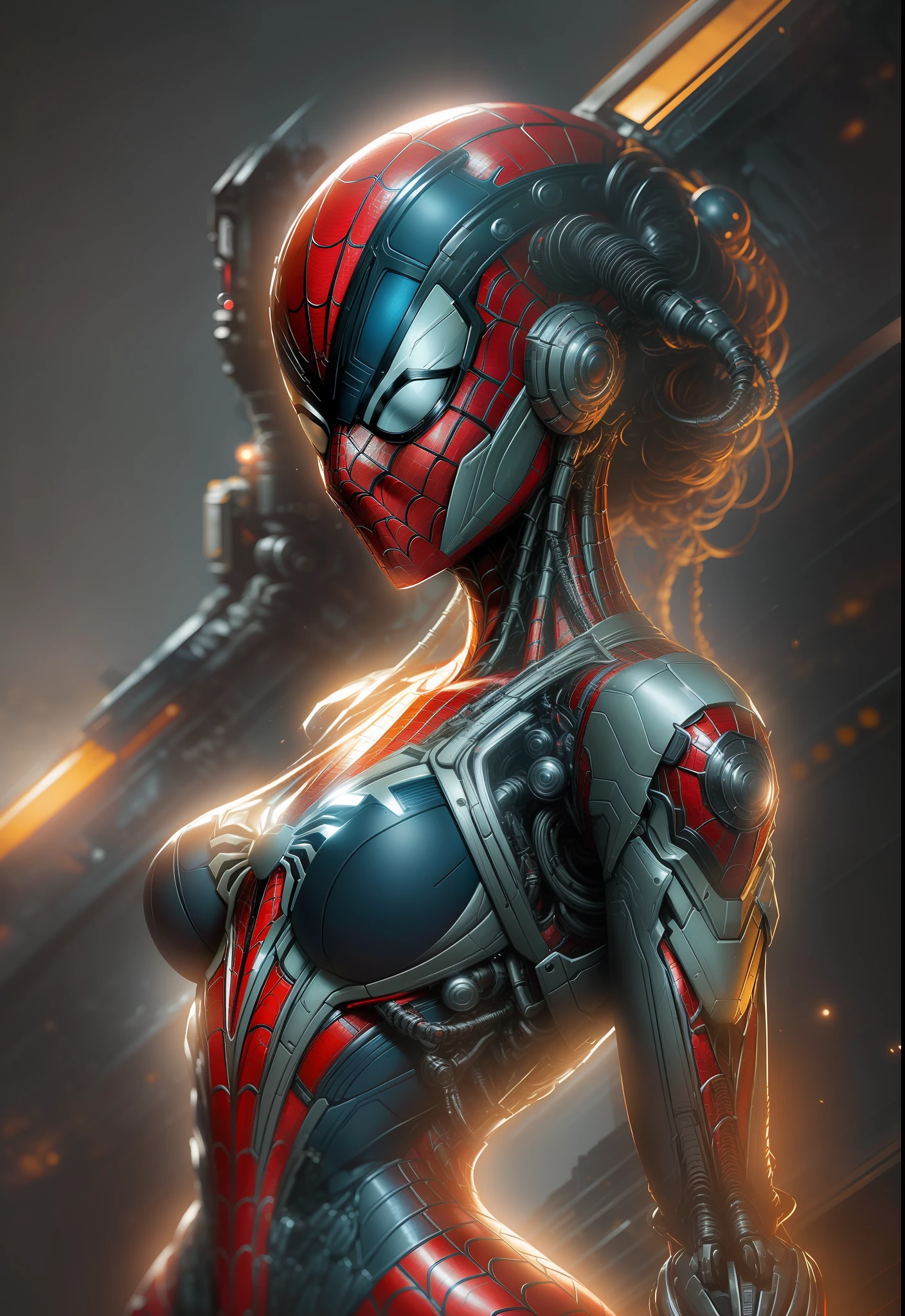 photo of Woman dressed as Spider-Man from Marvel, biomechanical, complex robot, full growth, hyper-realistic, insane small details, extremely clean lines, cyberpunk aesthetic, a masterpiece presented at Zbrush Central