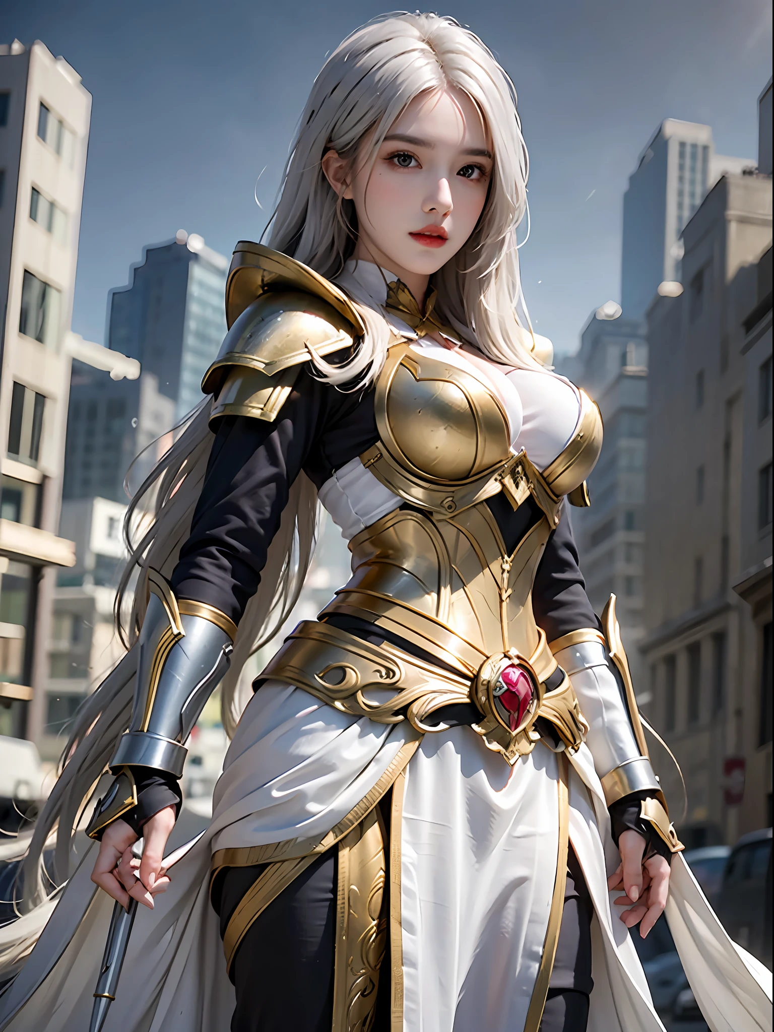 photorealistic, high resolution, 1 girl, white long hair, beautiful eyes, normal breast, armor, full armor, gold armor