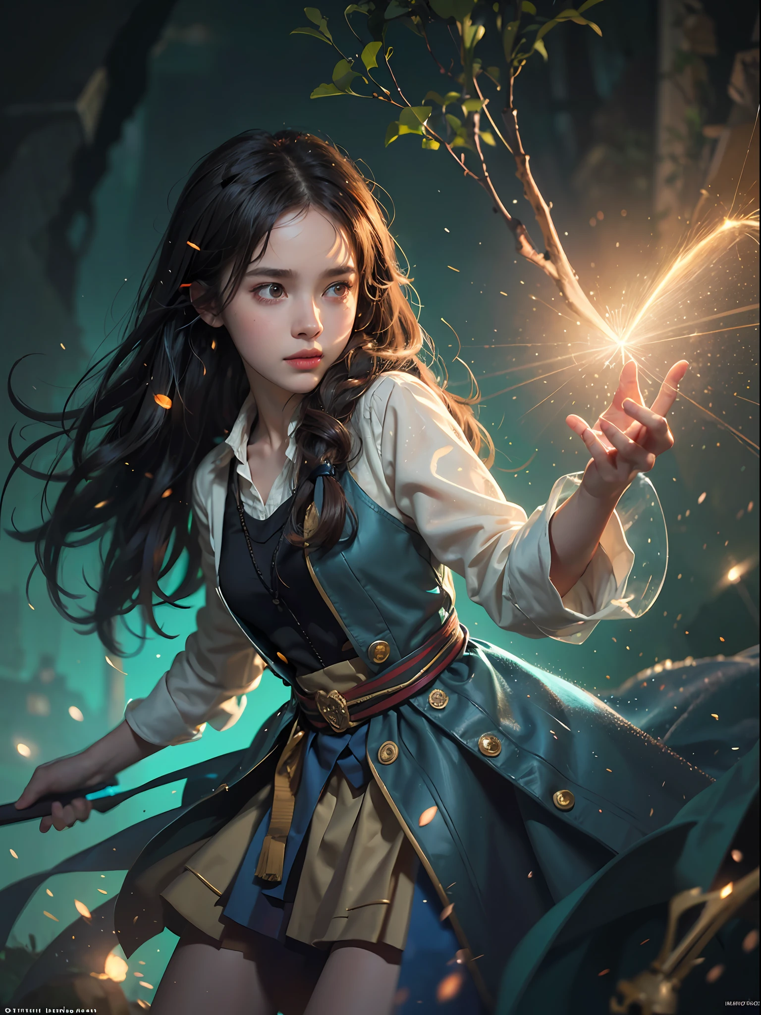 1girl, solo focus, child,  Hermione Granger，realistic， in long hogwarts robes， casting a spell, waving her wand with golden particle effects, lumos maxima against a skeleton soldier in a dark cave, cinematic lighting, trending on ArtStation, by Irakli Nadar, Greg Rutkowski，(((best quality))),(((ultra detailed))),(((masterpiece)))