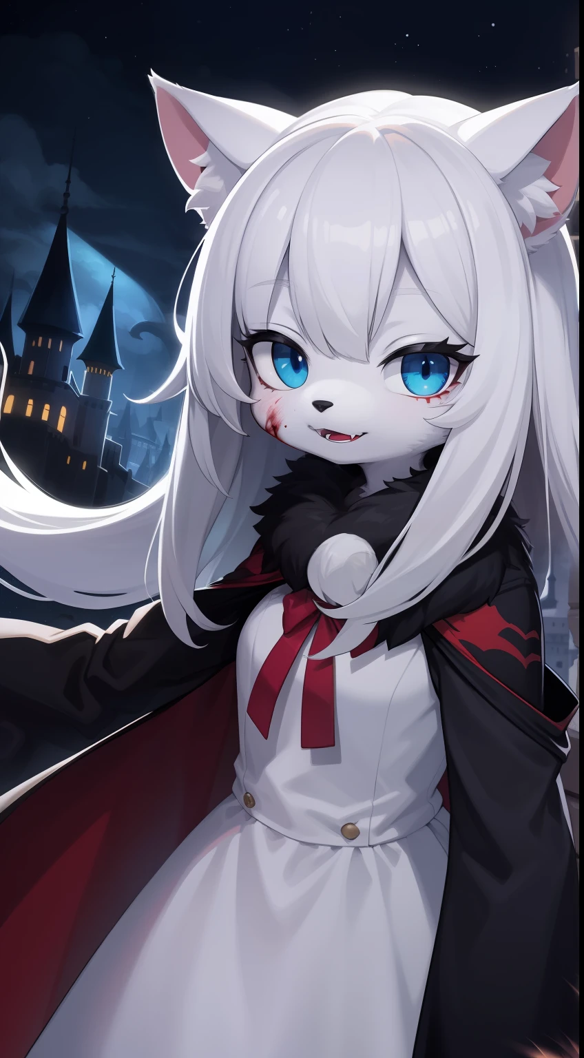 Cat Girl,was hairy,shaggy,Skin fur,White fur,Forelimb hands,hair splayed out,White ears,White face fur ,Blue eyes,Super cute face,Empty eyes,Crazy smile, Fangs,Pure white dress,Ambient light,Ultra-fine fur,volumettic light,White hair, hair splayed out, Shiny hair,Long hair, dashed eyes, bangs, light and darkcontrast, ultra high def, 巨作, Super detail,Castle background,Night,starry light,blood, blood_On_clothes, blood_On_Hands, blood_On_arma, blood_Flying splashes, blood_stain