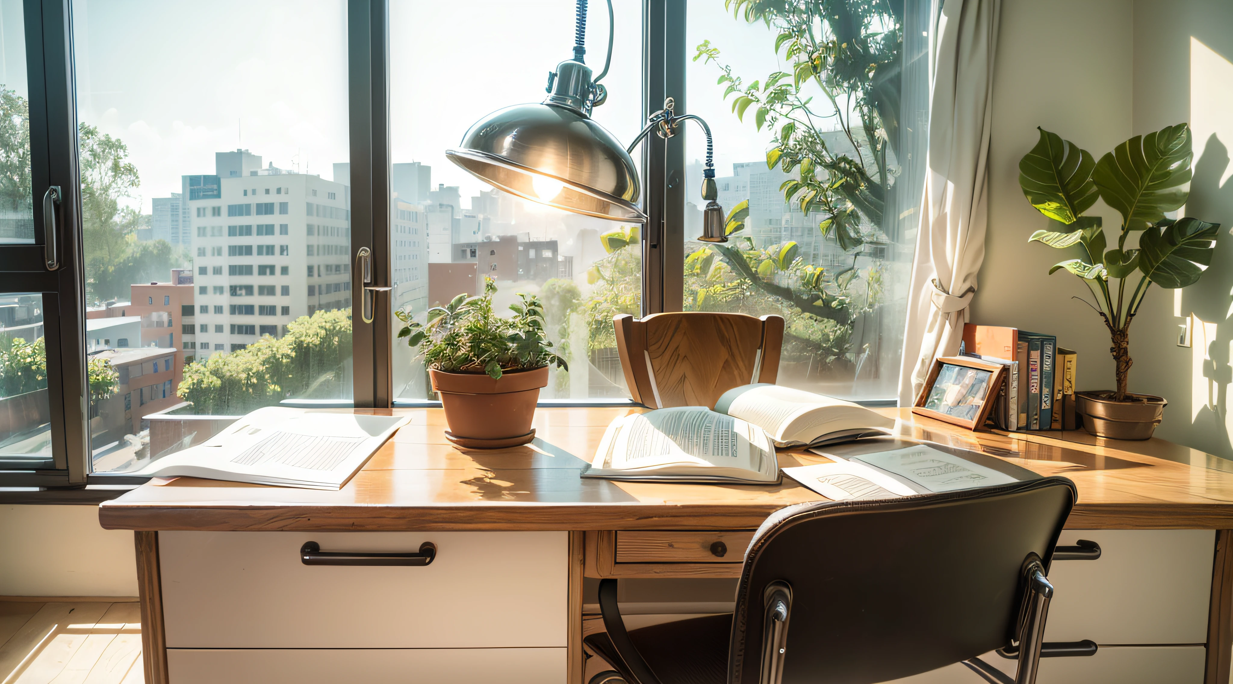 Best quality, peaceful and cozy, organized study room, neat, clean, warm lighting, natural light flowing in, open windows, green plants, comfortable chair, wooden desk, papers and books, no electronics, serene ambiance.