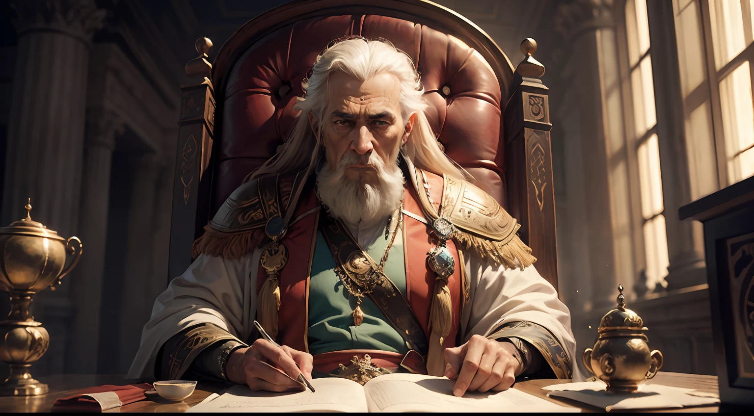king solomon from the bible, old man, old sage, enrugado, emperor, sitting on throne, detailed, cinematic light, detalhes intrincados, epic, detailed, full hd --auto