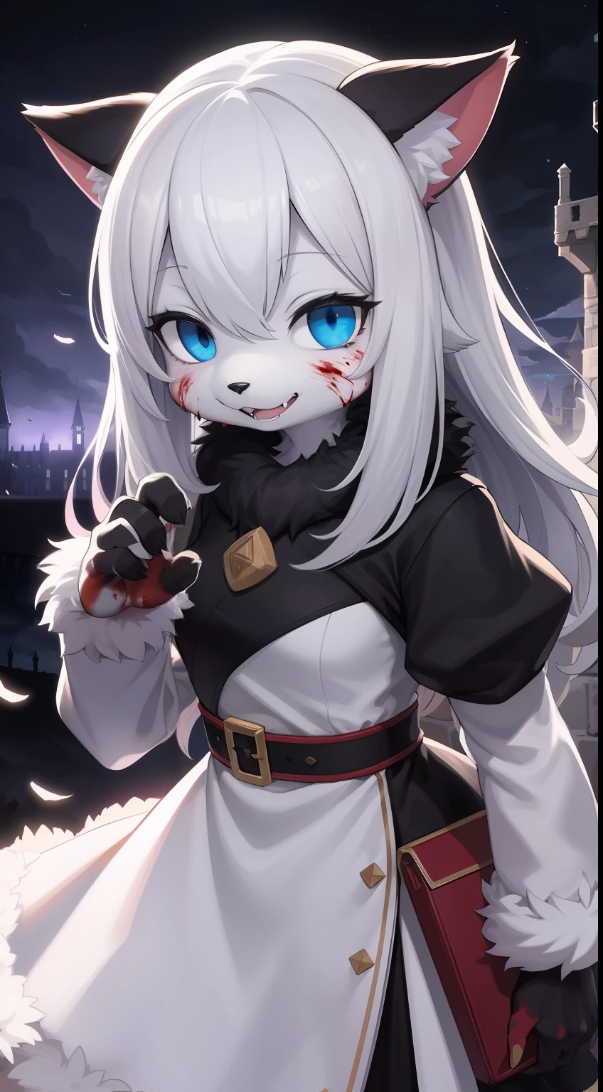 Cat Girl，was hairy，shaggy，Skin fur，White fur，Forelimb hands，hair splayed out，White ears，White face fur ，Blue eyes，Super cute face，Empty eyes，Crazy smile, Fangs，White dress，Ambient light，Ultra-fine fur，volumettic light，White hair, hair splayed out, Shiny hair，Long hair, dashed eyes, bangs, light and darkcontrast, ultra high def, 巨作, Super detail，Castle background，Night，starry light，blood, blood_On_clothes, blood_On_Hands, blood_On_arma, blood_Flying splashes, blood_stain