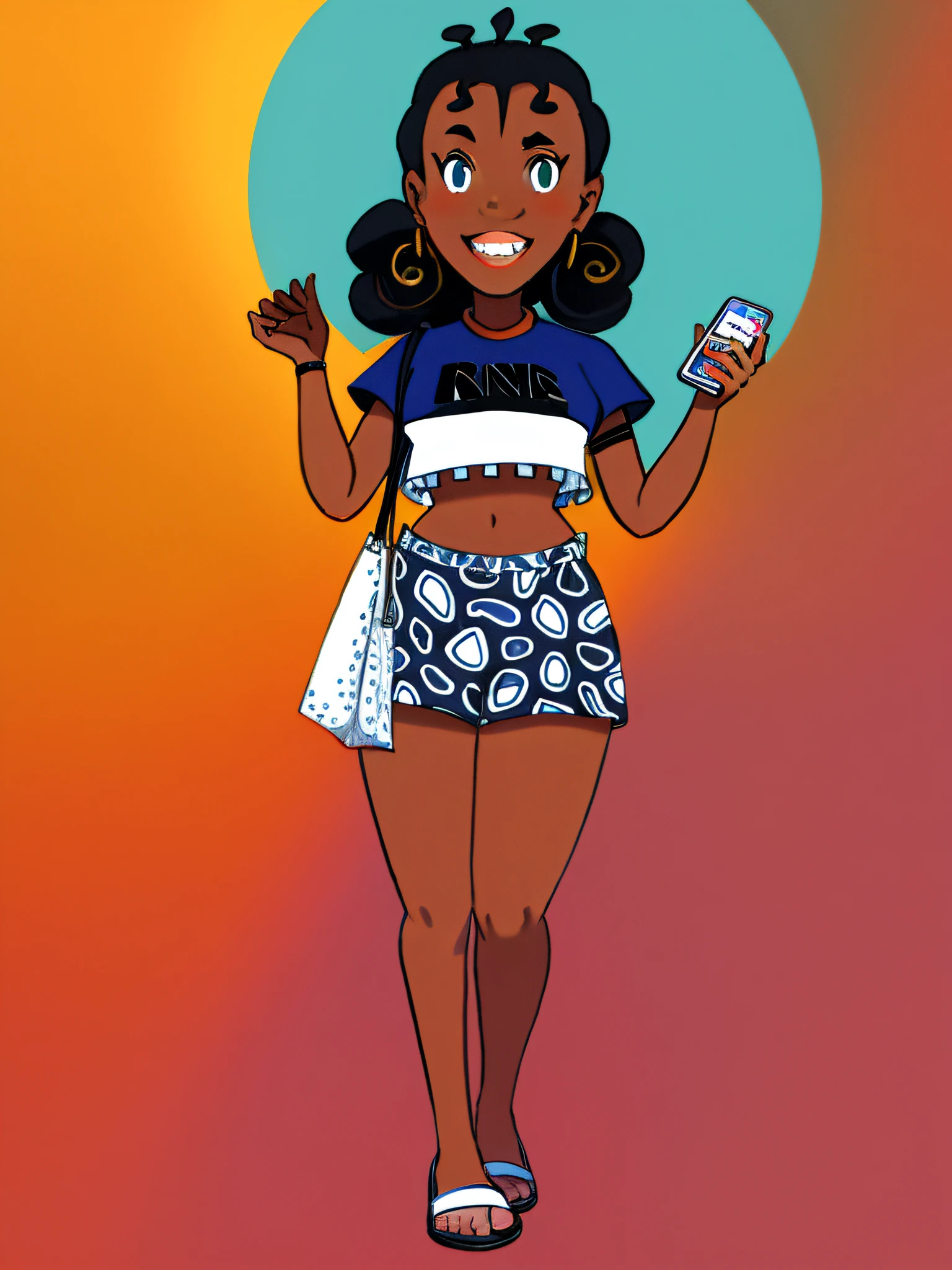 desenho animado de uma mulher em uma saia curta segurando um telefone celular, retrato de corpo inteiro de um curto!, arte dos desenhos animados, em estilo cartoon, cartoon style illustration, full length illustration, estilo de arte dos desenhos animados, adolescente negra, official illustration, Menina afro-americana, in style of digital illustration, super bonito funky menina preta, full color illustration, retrato de personagem de corpo inteiro, official character illustration