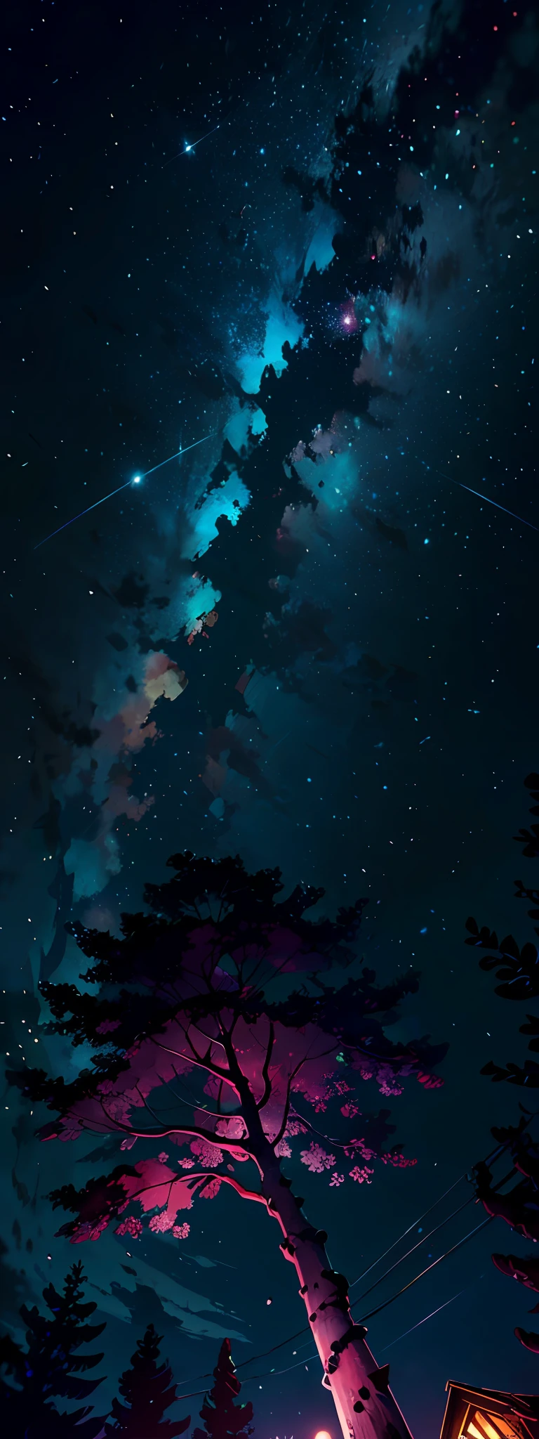 fotografia de paisagem expansiva, (a view from below that shows the sky above and the open field below), uma garoto parada com uma guitarra na costas em um campo de flores olhando para cima, (lua cheia: 1.2), (estrelas cadentes: 0.9), (nebulosa: 1.3), montanha distante , BREAK tree production art, (fonte de luz quente: 1.2), (Firefly: 1.2), lamp, muito roxo e laranja, detalhes complexos, BREAK volumetric lighting (obra-prima: 1.2), (melhor qualidade), 4k, ultradetalhado , (dynamic compositing: 1.4), detalhes coloridos altamente detalhados (cores iridescentes: 1.2), (Glow lighting, Atmospheric Illumination), sonhador, magica, (solo: 1.2)